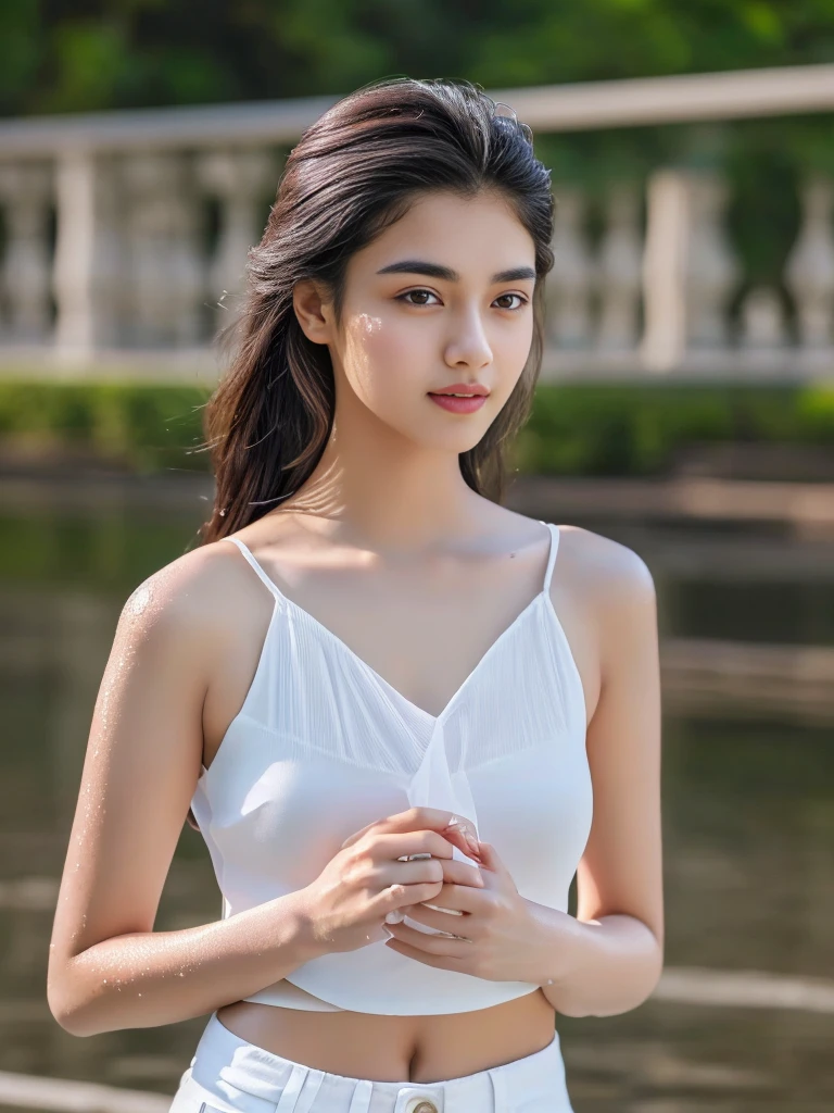 , Arav female, 25 years old,) Chest measurement 40 inches.,) สวมเสื้อเชิ้ตblackผ้าไหมราคาแพง, black , And old, ripped, sexy shorts.,) Posing for pictures, ครอบตัด and shorts, The abdomen is strong, shiny, and wet., Photo of a thin young model, thick hips, ด้านบนblack, Gather your hair in a long ponytail and float it up., Beautiful and realistic,hyperใบหน้าที่Beautiful and realistic, photoใบหน้าที่Beautiful and realistic, Maia Sandhu Hyperrealistic, ใบหน้าที่Beautiful and realistic, photoRealistic digital drawing, ใบหน้าที่Beautiful and realistic, Realistic digital drawing, digital art. Realistic picture, Beautiful and realistic faces, Realistic picture portrait, ultra Realistic digital drawing, Face images with realistic details, digital art portrait