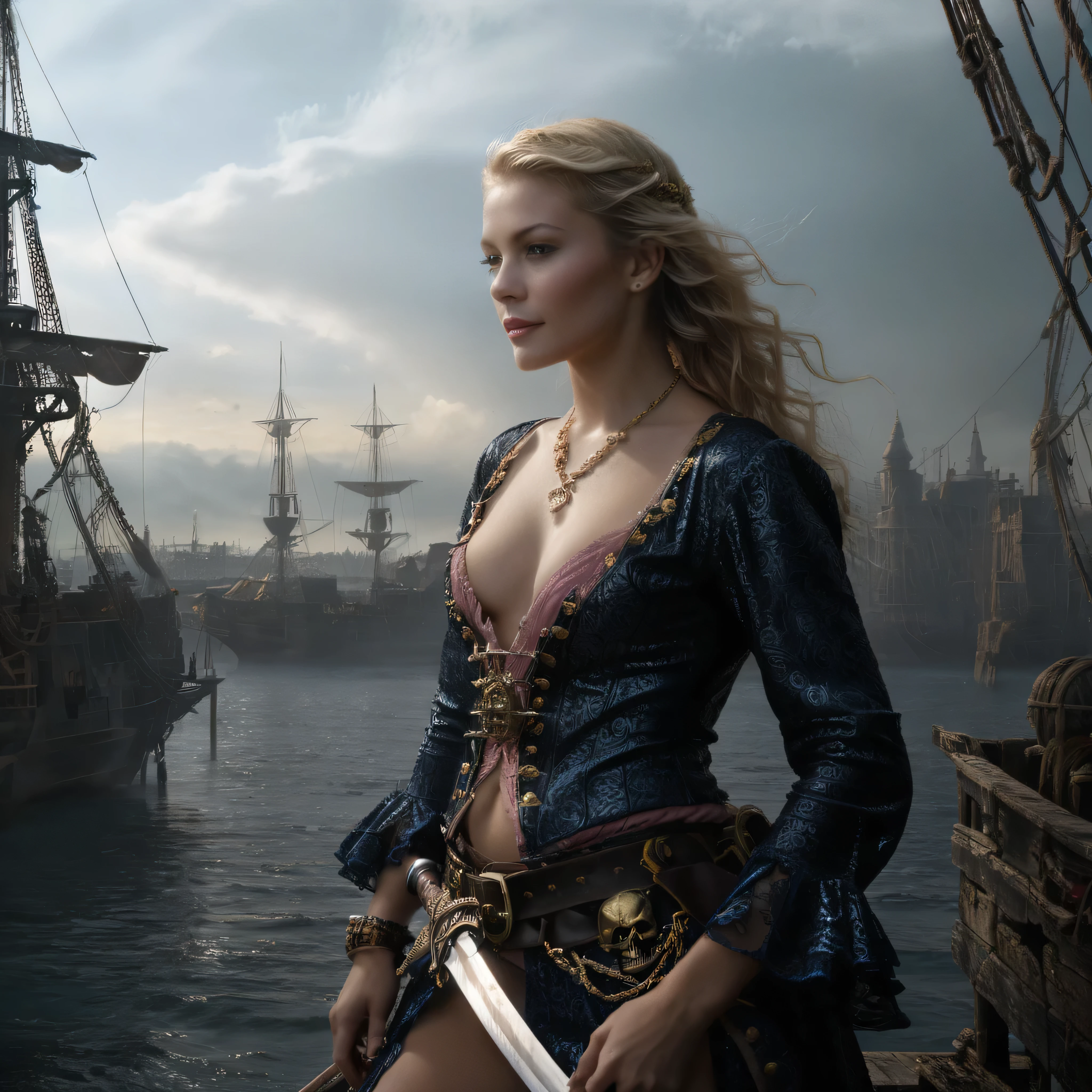 , (Ultra quality:1.2), (Ultra detailed:1.2), (Ultra detailed clothes:1.2), (Ultra detailed face:1.2), (Ultra detailed eyes:1.2), (Ultra detailed body:1.2), (Ultra detailed weapons:1.2), cinematic film still {prompt} . shallow depth of field, vignette, highly detailed, high budget , cinemascope, moody, epic, gorgeous, film grain, grainy, dark shadows , queen of the pirates hugging her husband,,   ((man, male, young, boy, short hair, blonde hair, man huggin the queen , perfect couple )) partly cloudy ,  ((three  moons at the horizon) , floating islands  , [[the ancient pirate ship is  flying and floating high above the clouds]] ,extremely high quality ,extremely high-resolution,4K, extremely detailed , hurricane , closeup shot, epic , fairytale ,unnatural , fantastic , forgotten realms , imagery, unrealistic , out of physical rules , clouds located up and down  ,colourful, ((Beautiful brunette pirate queen is at the board of the ship, her husband hug her from back, , dirty pirate clothes , swords at the belt , )) ,[ beautiful mesmerizing face, beautiful nose, beautiful symmetric blue eyes , captain on board ,stunning dramatic sky hyperrealism, lifelike photography, long brunette hair, smiling,bright light on face ,frontlighting, gown,golden necklaces,golden brochures, beautiful dark blue eyes ,professional makeup, pink lipstick,, Realistic, Hyperrealism, 
 , beautiful mesmerizing faces, nebulas and stars at the horizon, dark blue beautiful symmetric eyes ,perfect eyes,extremely detailed face, lifelike photography, ultra high detailed,naughty smile ,high  quality ,alluring beauty full body shot, gorgeous Russian girl, awesome action photos, realistic, hyperrealism, fantasy , beautiful fit body, beautiful legs, reasonable Naughty nudity, reasonable naked body parts , golden ratio,   , (((((Full Body Shot, back shot, front shot, side shot, queen of the pirates, perfect couple , heavily armed, she is wild but beautiful,, pistol and swords))))) beautiful white teeth, 