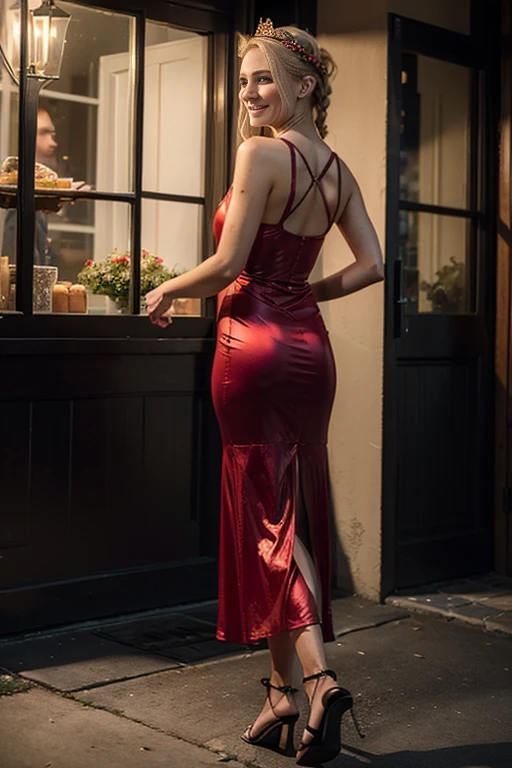 (best quality:1.5), (hyperrealistic:1.5), 8k, uhd, hires, alluring, 1woman, solo, 34_year_old_norwegian_woman, (tall_slender_body), (red_sexy_sandals), (all_red_long_dress), elegance, wearing_pink_flower_crown, pigtailed_braided_short_blonde_haired, hazel_eyed, pale_skin, standing_inside_fancy_dinner, dark_night_scenery_outside_window, front_view, side_view, back_view, smiling