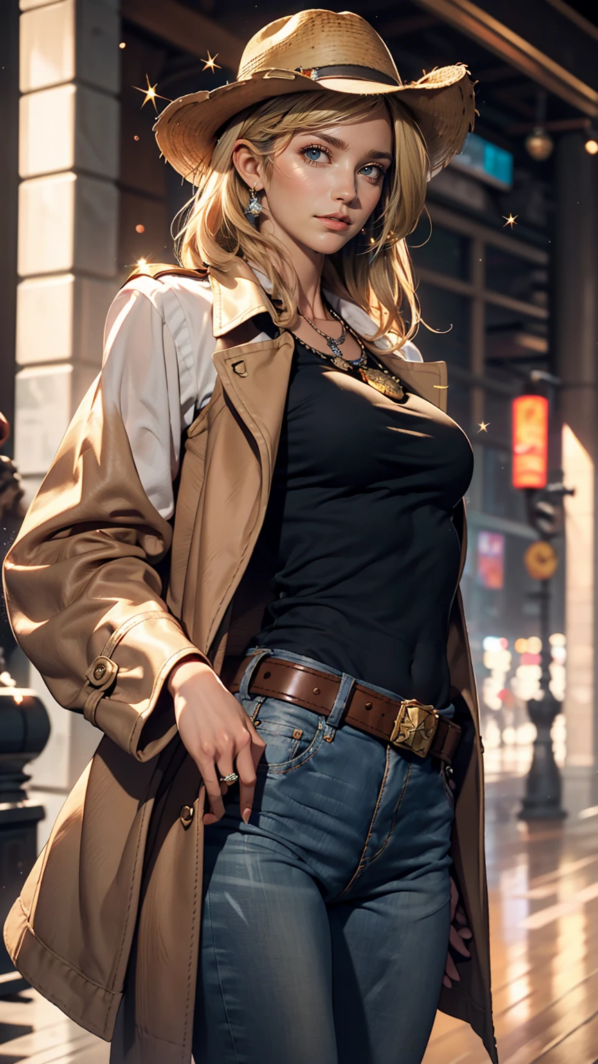 1 girl, masterpiece, macross delta splash art, highest quality, White tank top, abdomen, short blue jeans, Small breasts, Cowboy hat, hip gun holster, Very sophisticated gun, Realistic guns, Colt Peacemaker in hand, Point the gun forward, Sheriff Badge, Bullets on the belt, Brown leather duster, Leather overcoat, Fine grain, Sparkling eyes, Beautiful Hands, Extremely elaborate hands, straight hands, Shiny skin, Shiny Hair, blue eyes, Light blonde hair, expensive, Long Hair, Straight hair, whole body, United States Flag