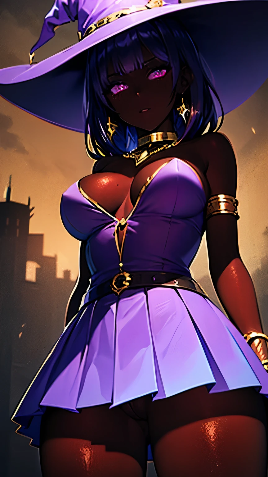 shaded face, purple clothes, black purple hair, strapless dress, short skirt, pleated skirt, gold chain belt, chest chains, gold armlet, gold bracelet, gold choker, gold necklace, pantyless, shiny vulva, upskirt, view from below, lustrous dark skin, glowing purple eyes, iridescent witch hat, dungeon ruins