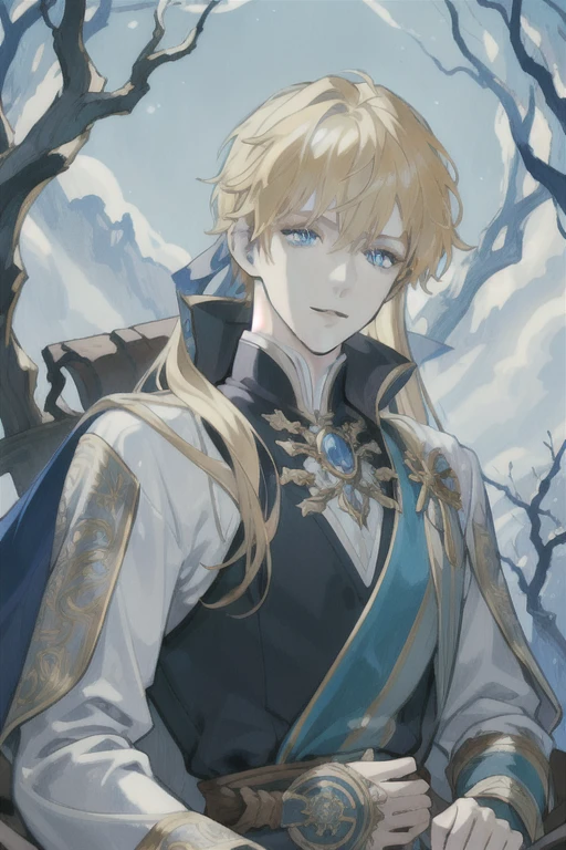 extremely detailed portrait of a handsome male sorcerer, 1 boy, detailed facial features, piercing blue eyes, long blonde hair, serene expression, magical forest setting, warm color tones, intricate lighting, high quality, 8k, masterpiece, best quality