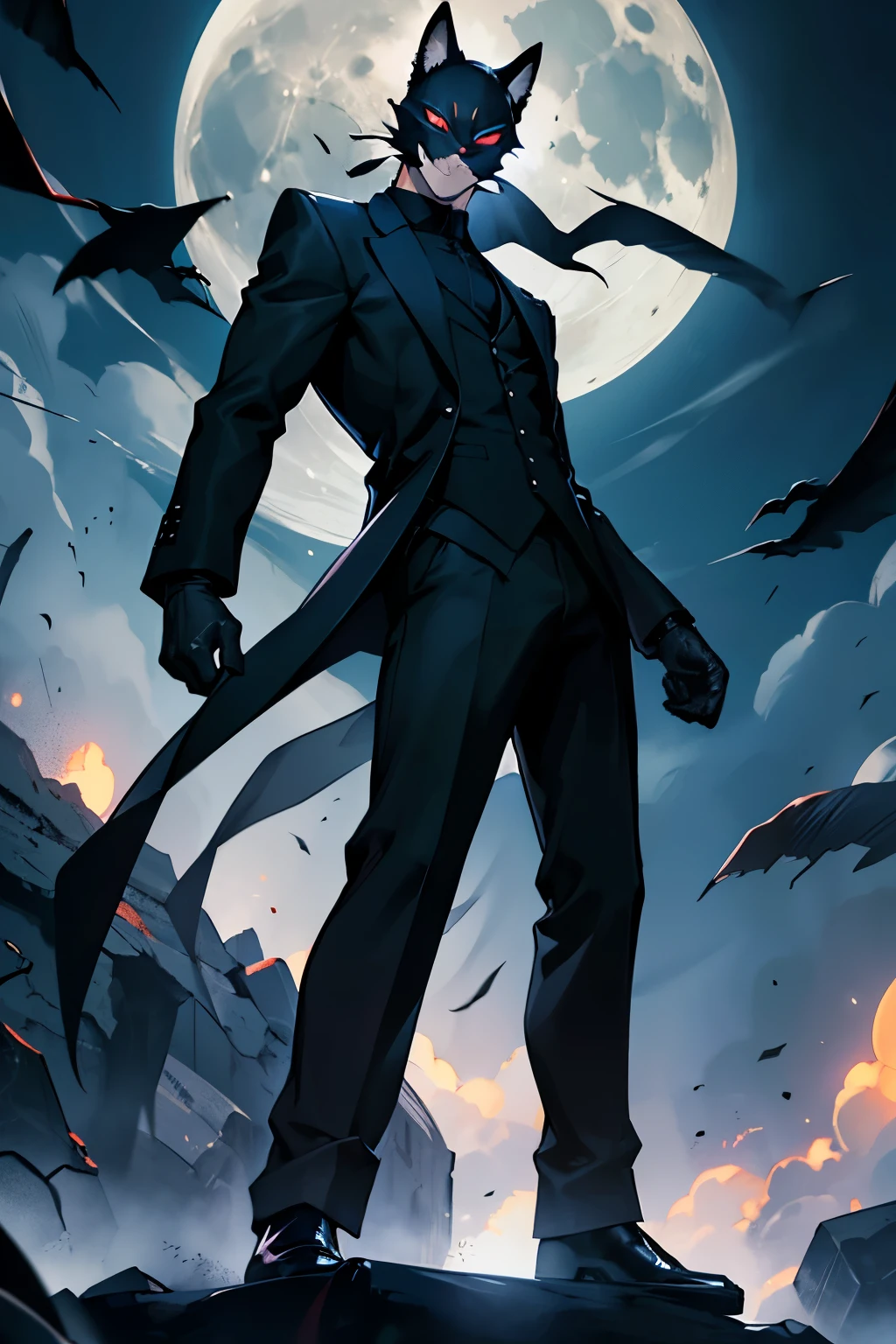A faceless shadow man, dressed in an all-black cloth suit, wearing a black shirt, black gloves, thin, with black hair and black fur, wearing a white Japanese fox mask that covers his entire face, floating in the sky nocturnal, standing firmly, head tilted downward with superiority. While the rays of the moon exalt his figure