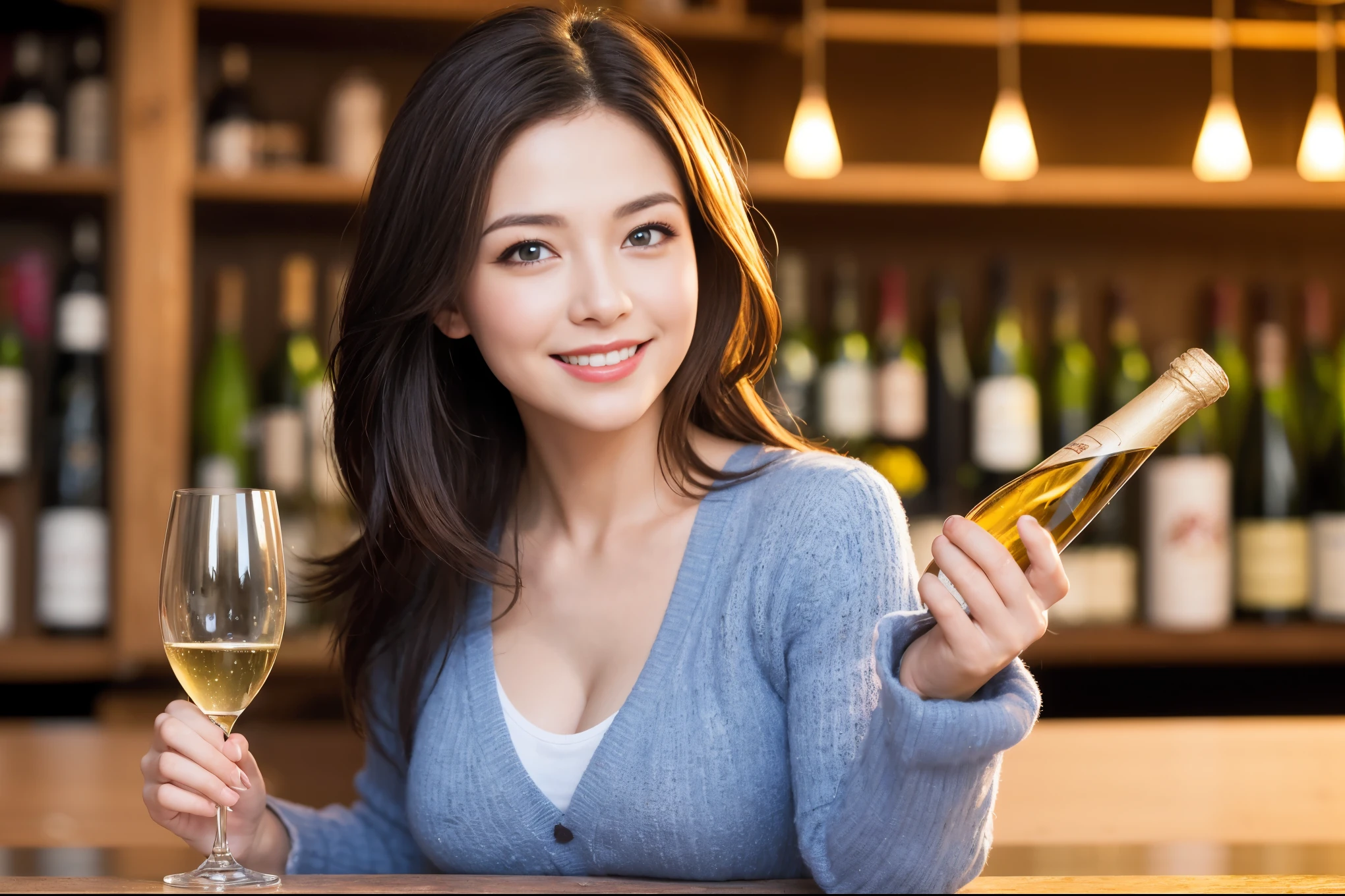 ((Highest quality、8K、masterpiece:1.3))、1 male、1 female、Couple、spouse、Couple、The body is slim、((Bob Hale、Straight hair:1.2)), (Realistic, Intricate details:1.2), テーブルの上のwine glass、Put the light on your face、 Amazing view of the sunset sky and clouds、Amazing mountain views、A bright smile、The wonderfulness of smile、Bright image、The beauty of wine, Beautiful Face, blue eyes, The light shines on your face, Blushing, short hair,Bright Face、 (Age 37), 39 years old, red wine 、Appetizers、Italian food、Wine bottle、Champagne、sparkling wine、Two beauties、Brown Hair、Shortcuts、Long sleeve shirt、dress、Beautiful woman 1, (slimな顔), (The body is slim), (Brown Hair), (Shortcuts), cheeks turn a little red,Attractive beauty、restaurant, In a prominent place (From the waist up) Nova Frog Style, actress, model, Upper Body, White wine, slim, wine glass, 中央に置かれたwine glass, smile, (smile: 1.15), Beautiful fine grain, Depth f/2,saturation, High Contrast, Strong light and shadow,Moist Body:1.5、3D texture、Delicate eyes、Brown Hair、The hair is very shiny、
