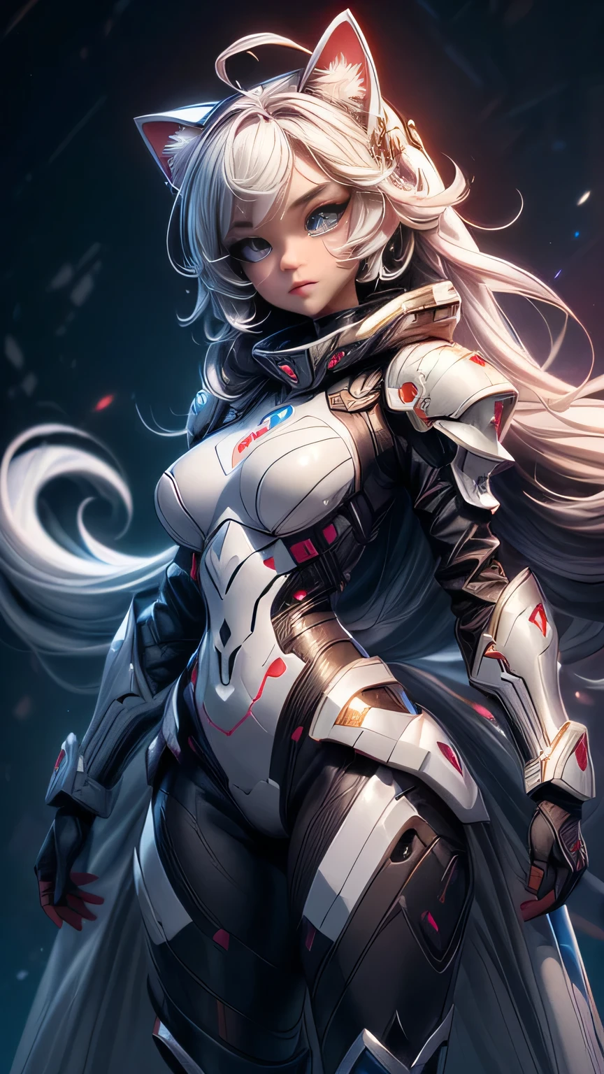 ((the most beautiful cat girl)) ((Big blue eyes)) ((very dark eyeshadows makeup)) ((cat ears, fluffy cat tail)) ((bright red lips)), ((very long straight white hair)) ((big breast)) ((slender body:1.3)) ((wear futuristic battle armor plugsuit, shoulder pad, big claws)) ((trainning combat, combat pose)) ((virtual space trainning room)) ((high definition:1.5) ((masterpiece:1.5))((8k:1.5)) ((Best quality:1.4)), more_details:-1, more_details:0, more_details:0.5, more_details:1, more_details:1.5, more prism, vibrant color,