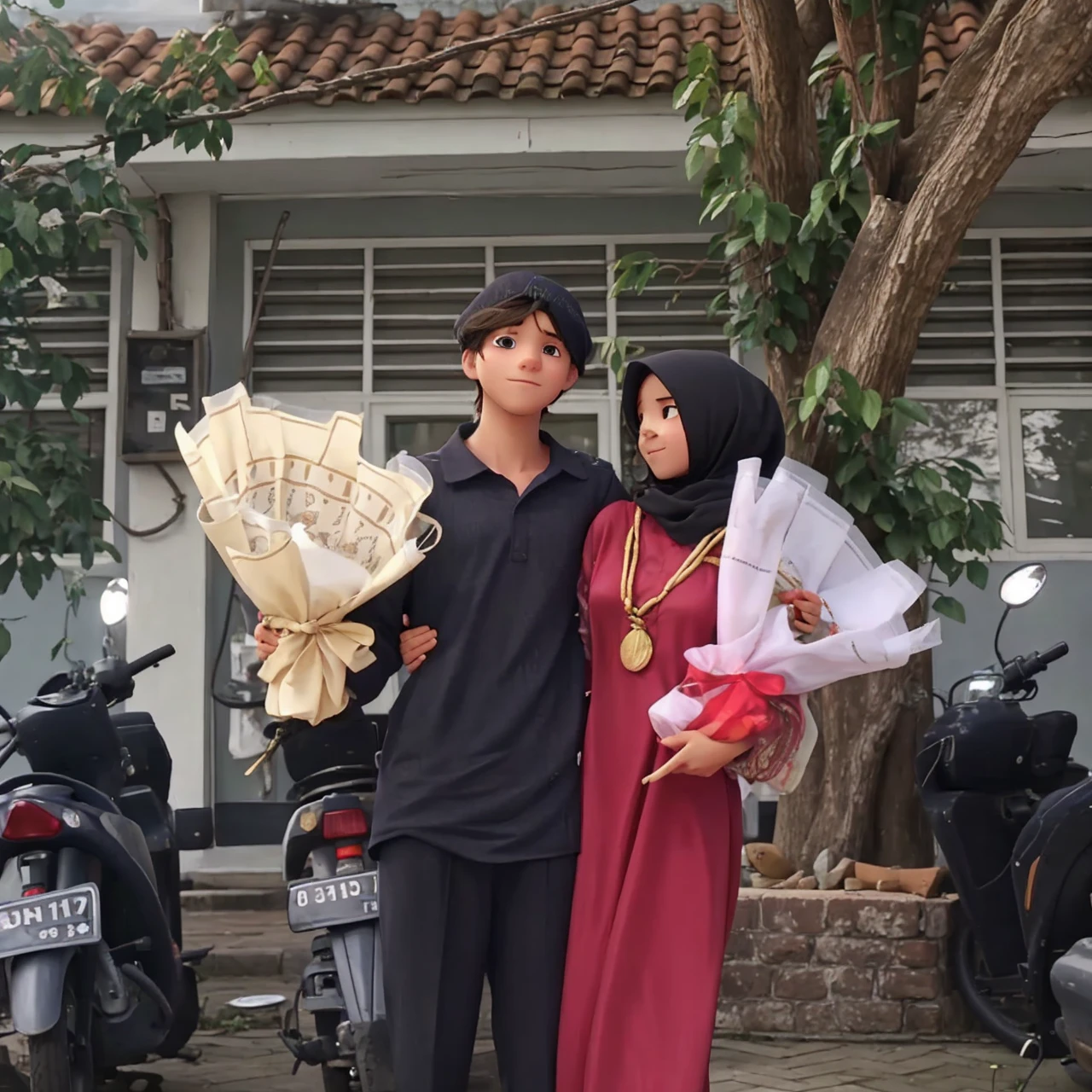 boy with long hair and woman with hijab