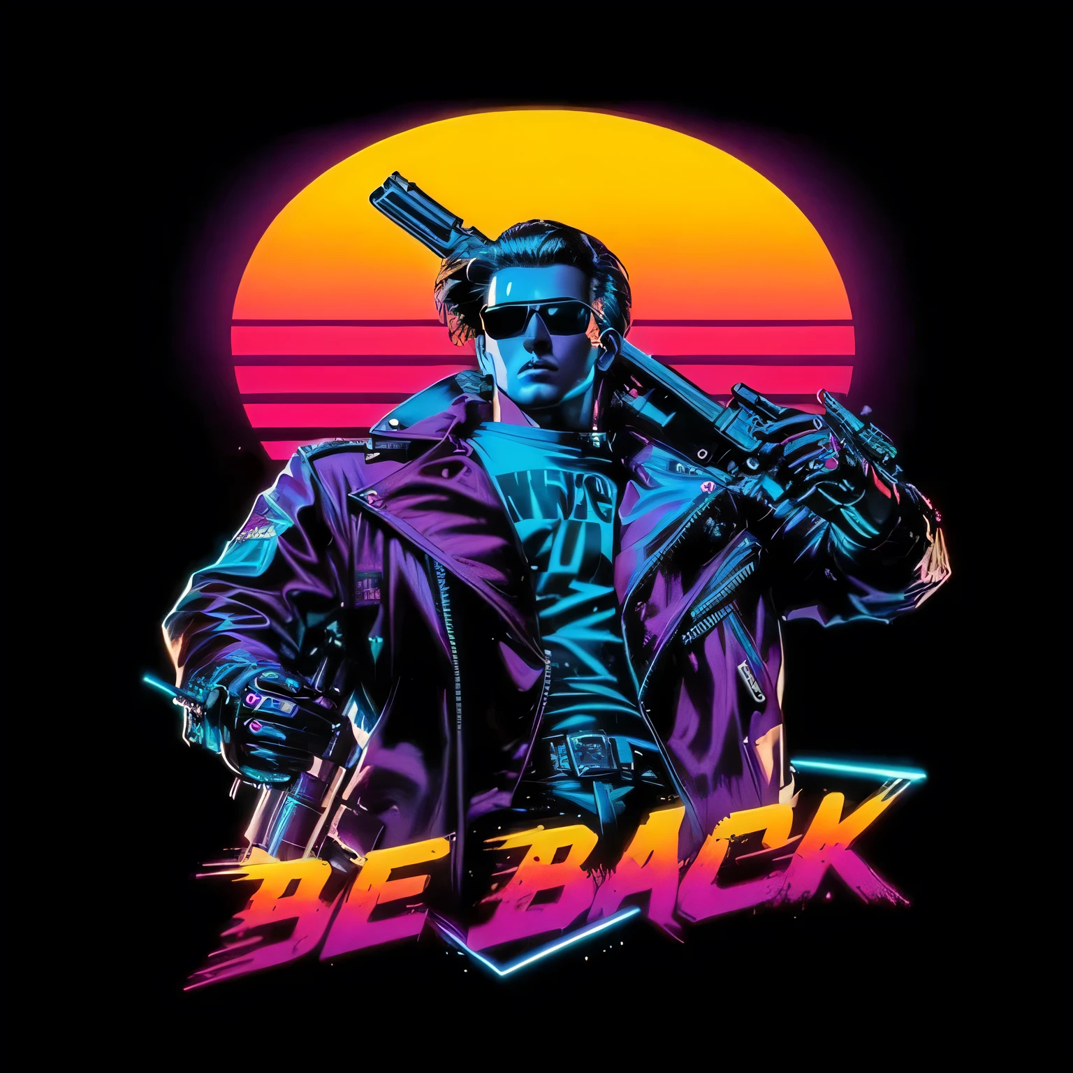 um homem com uma jaqueta de couro, holding a gun and wearing sunglasses, Cartaz dos anos 80, masterpiece epic retroonda art, 80s style synthetic wave, 80s movie poster art, epic retroonda art, retroonda!, 8 0 s synthetic wave, 80s movie poster, retroonda style, retroonda ((synthetic wave)), synthetic wave art style ]!!