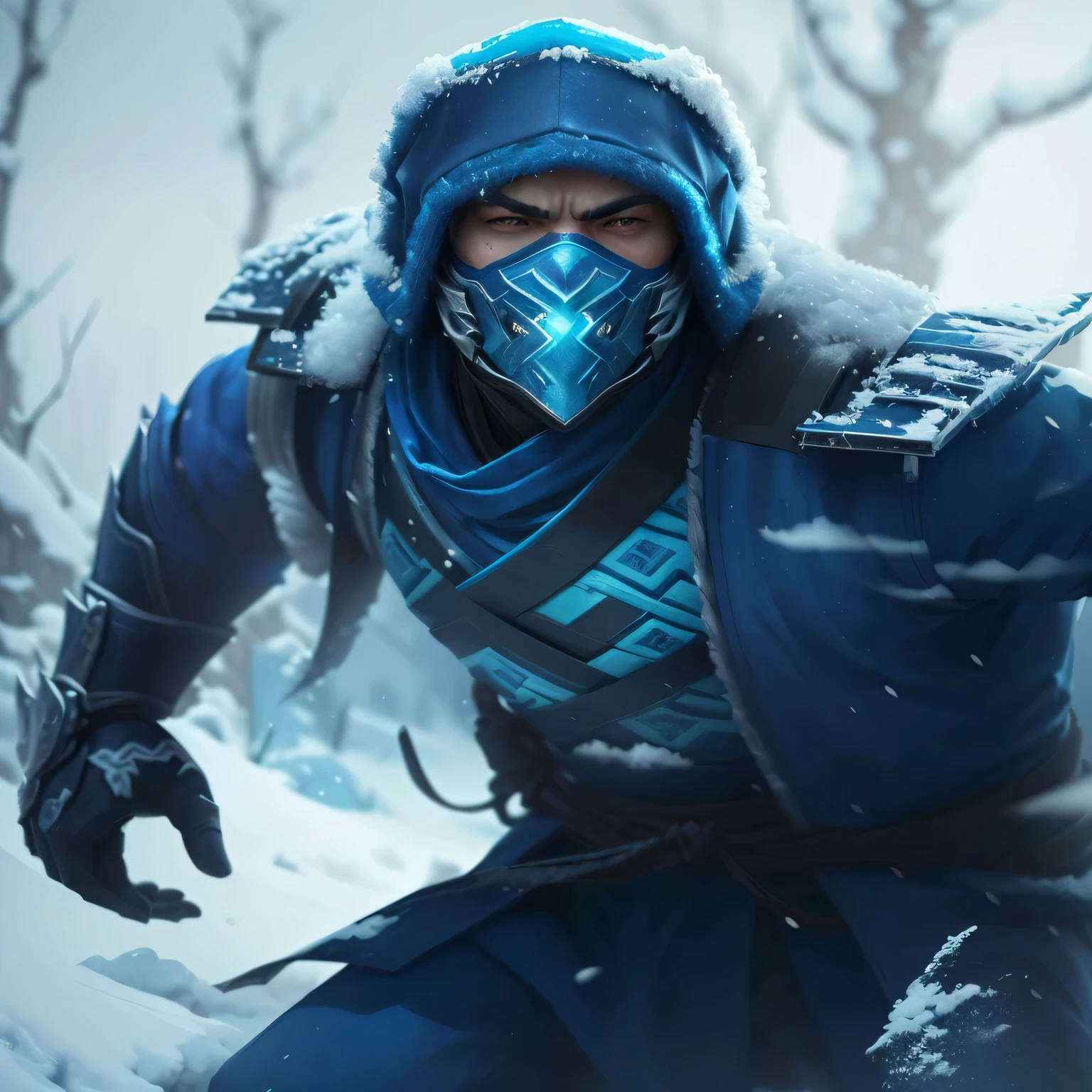 sharp man with a blue outfit and a blue mask in the snow, personagem de mortal kombat, mk ninja, pele azul congelante, trends in artstation 4k, arte conceitual de inverno, Inspirado por Shen Zhou, papel de parede do telefone hq 4k, amazing 8k character concept art, inspirado em Ma Shi, congelamento 3 renderizado, papel de parede 4k, papel de parede 4k