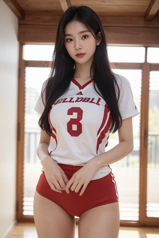 (Photos are real: 1.4), (Surrealism: 1.4), (actual: 1.3), (soft light: 1.05), (improved lighting: 0.9), 32k, 1 girl, 20 year old korean girl, actual lighting, backlight, Coordinating Minister, Ray tracing, (whitening light: 1.2), (image enhancement: 1.4), ( High quality real skin: 1.4), Narrow your eyes, delicate face, Narrow your eyes, (Increase body lines and mood: 1.1), big breasts, Big deal, (Improve skin quality and beauty: 1.1),volleyball uniform:1.4, indoor_volleyball_court_background:1.4, thighs thighs thighs thighs, protrude , crotch