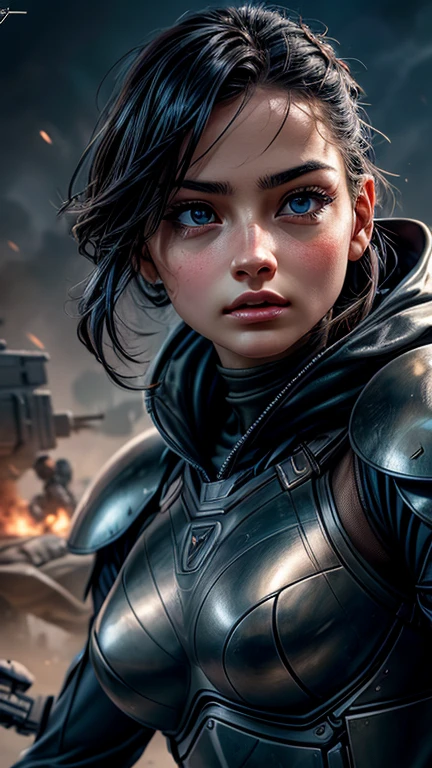 a girl in a tight combat outfit, beautiful detailed eyes, beautiful detailed lips, extremely detailed eyes and face, long eyelashes, female warrior, military uniform, tactical gear, dynamic pose, on a futuristic battlefield, cinematic lighting, muted color palette, photorealistic, 8k, high quality, intricate details, highly detailed, masterpiece