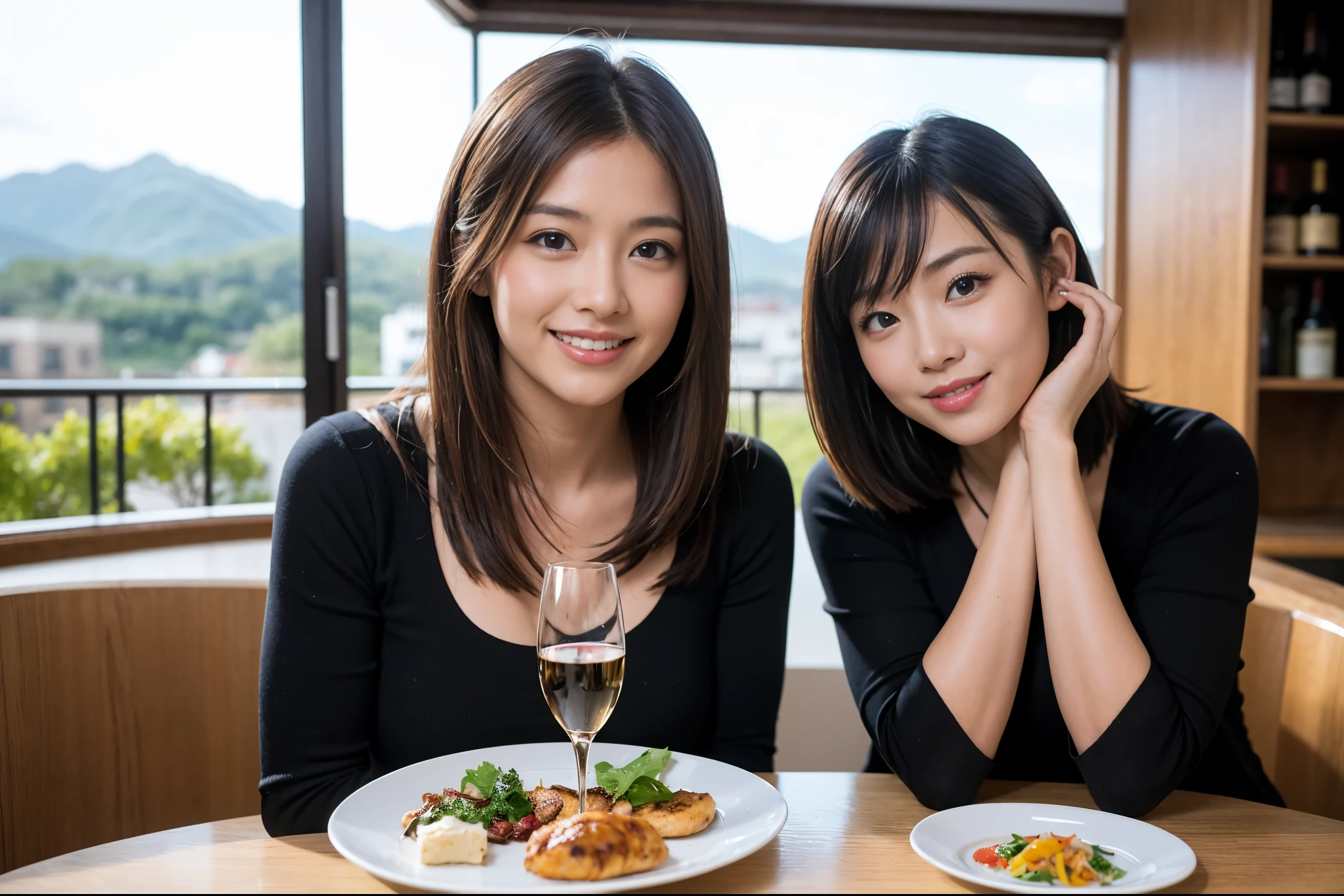 ((highest quality、8k、masterpiece:1.3))、1 male、1 female、石原さとみ似美女Couple、Spouse、Couple、The body is slim、((Bob Hale、Straight hair:1.2)), (Realistic, Intricate details:1.2), テーブルの上のwine glass、Shine light on your face、 Amazing view of the sunset sky and clouds、Amazing mountain views、A bright smile、The wonderfulness of smile、Bright image、The beauty of wine, Beautiful Face, blue eyes, The light shines on your face, Blushing, short hair,Bright Face、 (Age 37), "41 years old, red wine 、Appetizers、Italian food、Wine bottle、Champagne、sparkling wine、Two beauties、Brown Hair、Shortcuts、Long sleeve shirt、dress、Pretty Woman 1, (slimな顔), (The body is slim), (Brown Hair), (Shortcuts), cheeks turn a little red,Attractive beauty、restaurant, In a prominent place (From the waist up) Nova Frog Style, actress, model, Upper Body, White wine, slim, wine glass, 中央に置かれたwine glass, smile, (smile: 1.15), Beautiful fine grain, Depth f/2,saturation, High Contrast, Strong light and shadow,Moist Body:1.5、3D texture、Delicate eyes、Brown Hair、The hair is very shiny、
