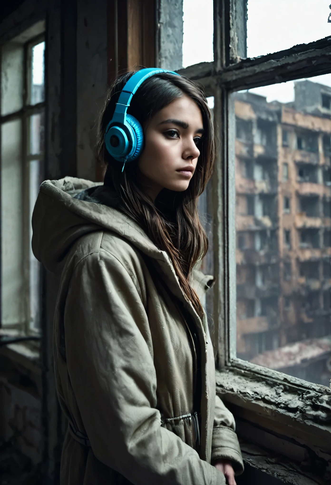 image of a sad beautiful girl dressed in coat and hood standing with arms crossed looking at a window inside a dark, dilapidated apartment room and a window showing dilapidated buildings outside, apocalipse, wasteland, She wears headphones over her ears and is facing the window, make the girl&#39;s face colorful