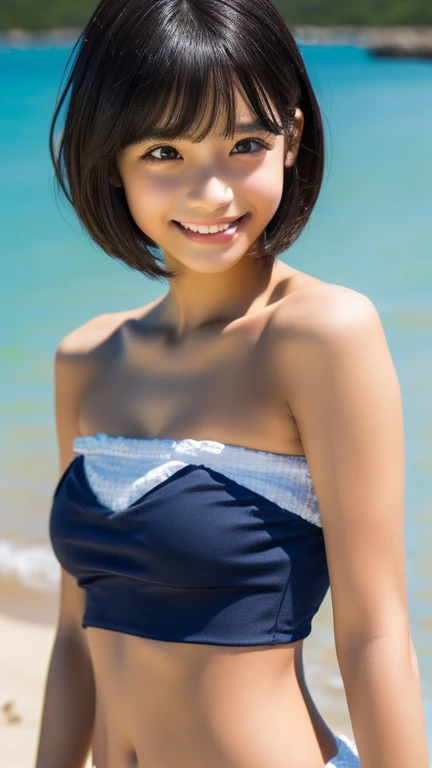 ((sfw: 1.4)), ((sfw, bandeau top, beach, bony body, extra short hair, sidelocks-hair, smile, 1 girl)), ultra high resolution, (real: 1.4), RAW photo, highest quality, (photorealistic), focus ,Soft light,(()),((Japanese)),(((Young face))),(Surface),(Depth of field),Masterpiece,(Photoreal),Woman,Bangs,( (1 girl)