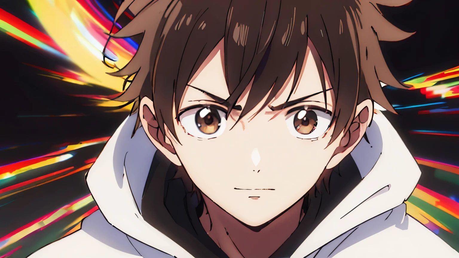 mysterious hooded boy, black outfit with green details, brown hair and light brown eyes