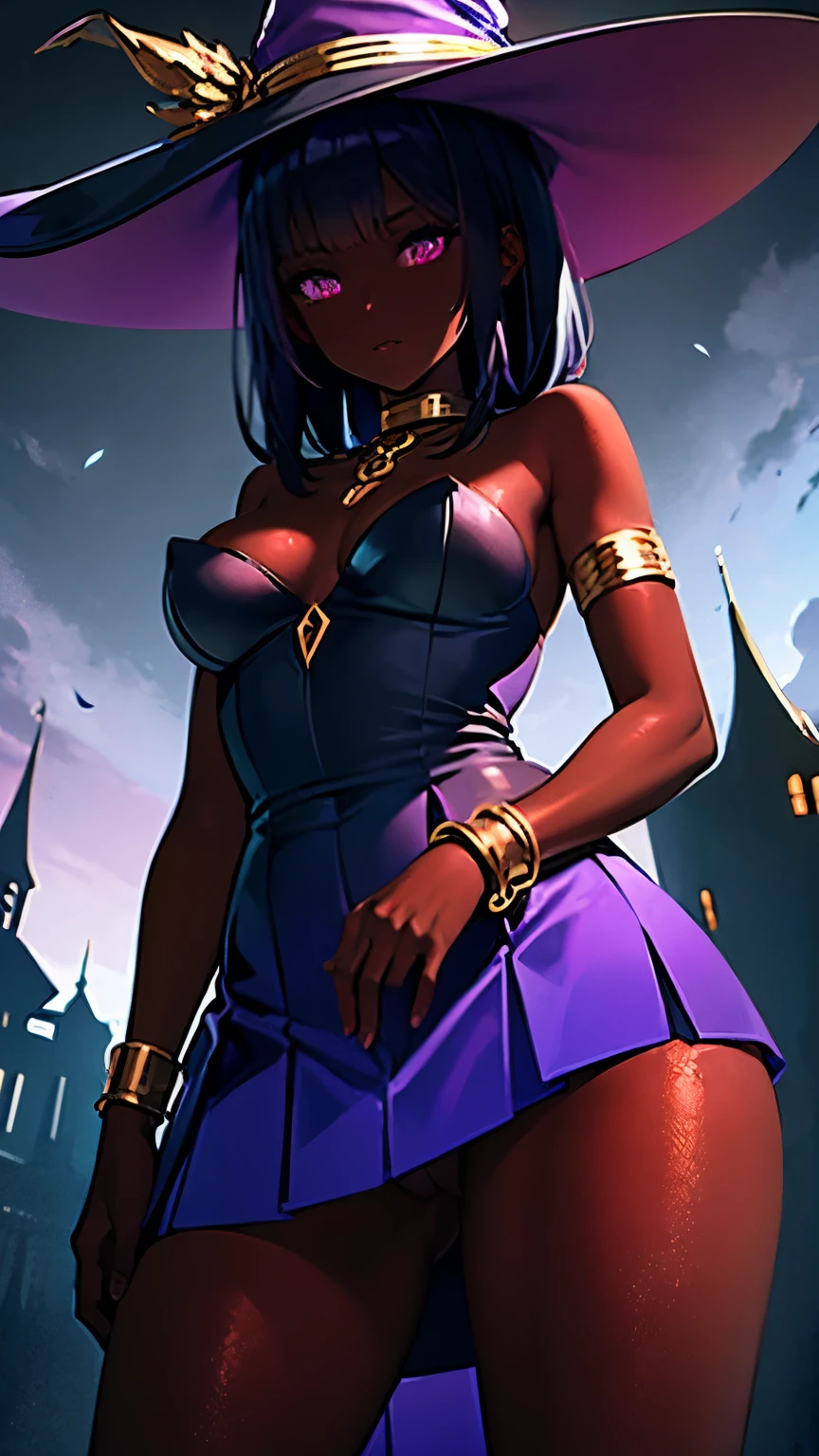 shaded face, purple gradient clothes, black purple hair, strapless dress, short skirt, pleated skirt, pantyless, shiny vulva, upskirt, view from below, gold chain belt, gold armlet, gold bracelet, gold choker, gold necklace, lustrous dark skin, glowing purple eyes, iridescent witch hat, dungeon ruins