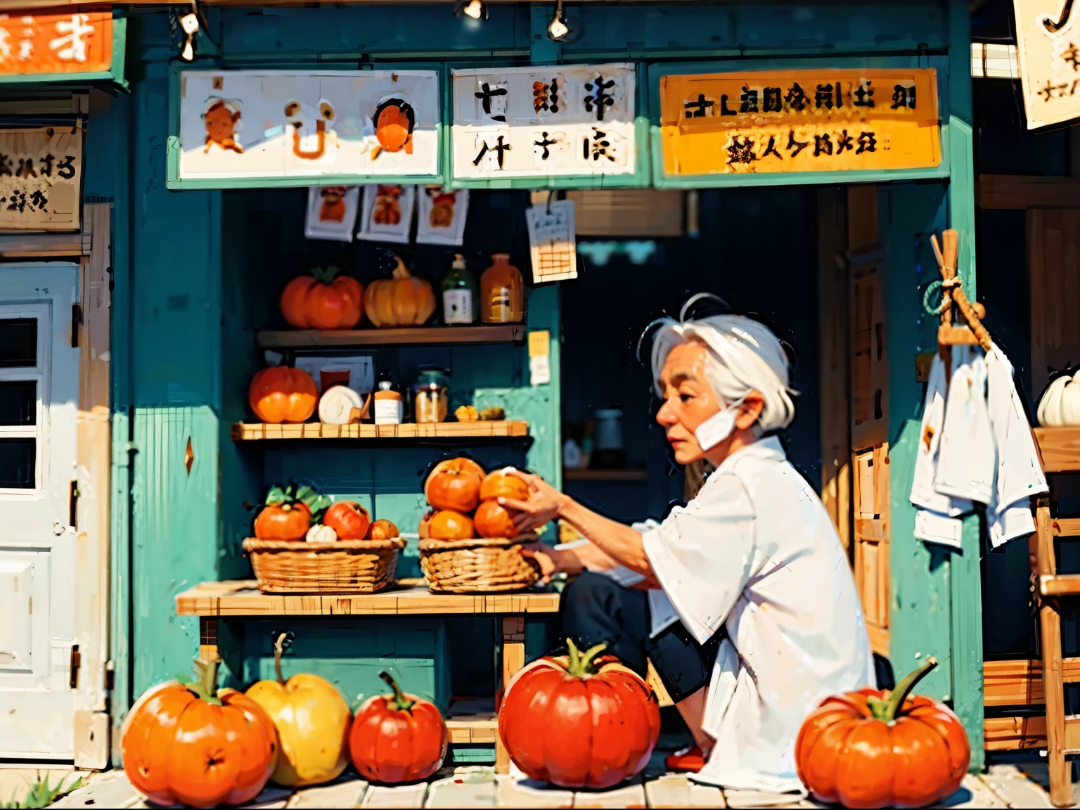 White hair、The stall where the wrinkled old woman sells persimmons is deserted,No one patronizes