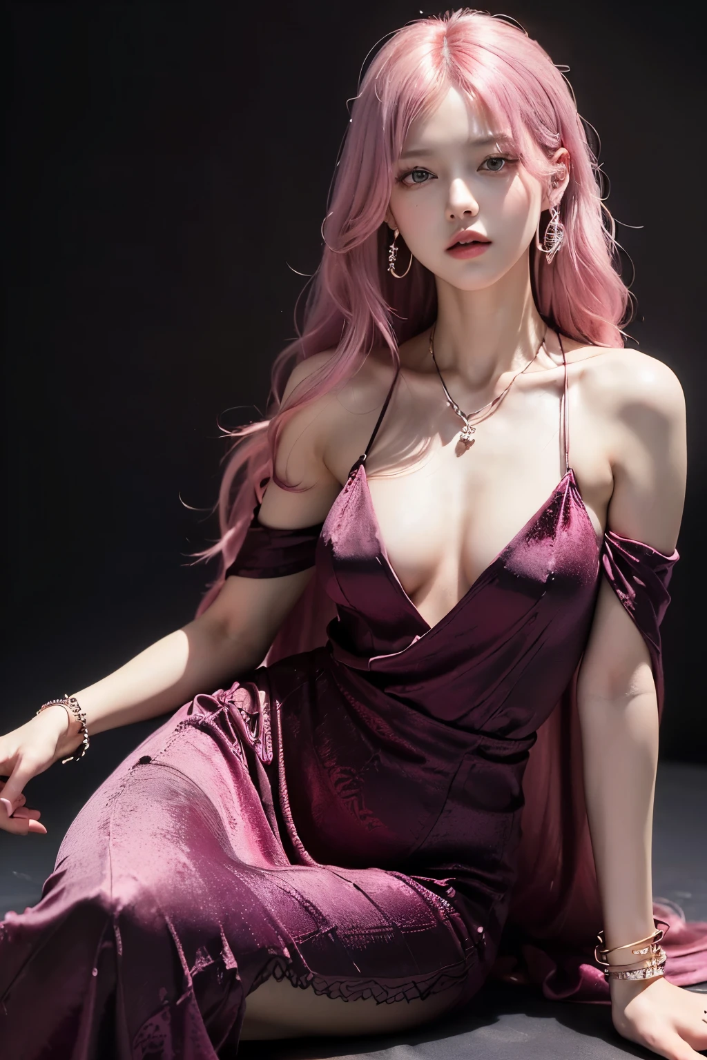 (8K, top-quality, masterpiece:1.2), (reallistic, Photorealsitic:1.37), Super Detail, One girl,), (Highly detailed), (beautifully detailed eyes), (of the highest quality), (super detailed ), (masterpiece), (Detailed face),20yr old, ,1 girl, ((pink hair,long hair)), , clothed, Perfect Lighting, BREAK (long dress, tight silhouette, high sheen:1.5), woman, 1 girl (deep wine color, metallic gradient pattern:1.4), (satin, silk, velvet fabric:1.4) (deep v-neck, sculptural shoulder detail, tight upper body:1.4), (long skirt, asymmetric slit, tapered silhouette:1.4) (mermaid silhouette:1.3), (minimal ribbon, lace accents:1.3) (pointed toe pumps, metallic tone:1.3), (long necklace, statement earrings, rings, bracelets:1.3) ,BRAKE (pink long hair, wavy, voluminous:1.5), (sensual expression, half-lidded eyes, slightly parted lips:1.5) (body twisting pose, leaning to the side, hands supporting body:1.5), (low-key lighting, chiaroscuro effect:1.5) (dark, moody background, dramatic shadows:1.5) ,BRAKE


