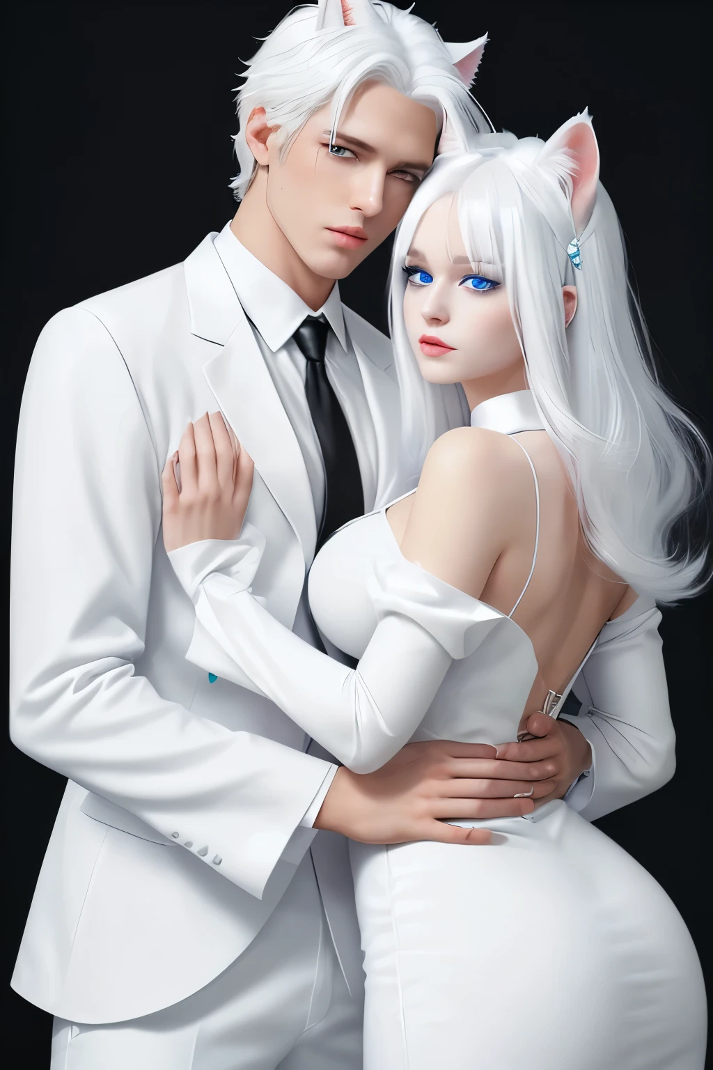 Goddess, God, Accessories, Black Cat Ears white dress White dress sleeves between the elbows Good looking Masterpiece big breasts Beautiful face open bust dress chest jewelry beautiful white hair black eyes black waist dress and his boyfriend, wearing a white shirt, white pants, a cool suit, good looking, handsome, white hair, white cat ears, blue eyes, standing and hugging a woman. Recently Masterpiece Handsome and cool, white cat ears, blue eyes, cool short white hair.