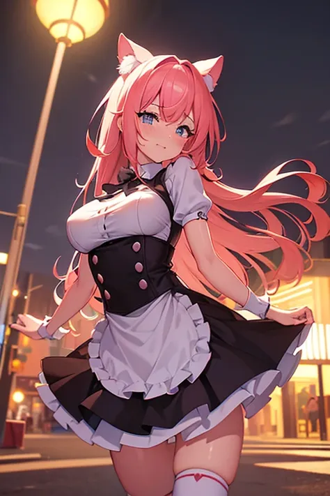 a pink-haired maid in cat-eared clothes is crying and sad on a street with brightly lit buildings at dusk.,torn clothes big brea...