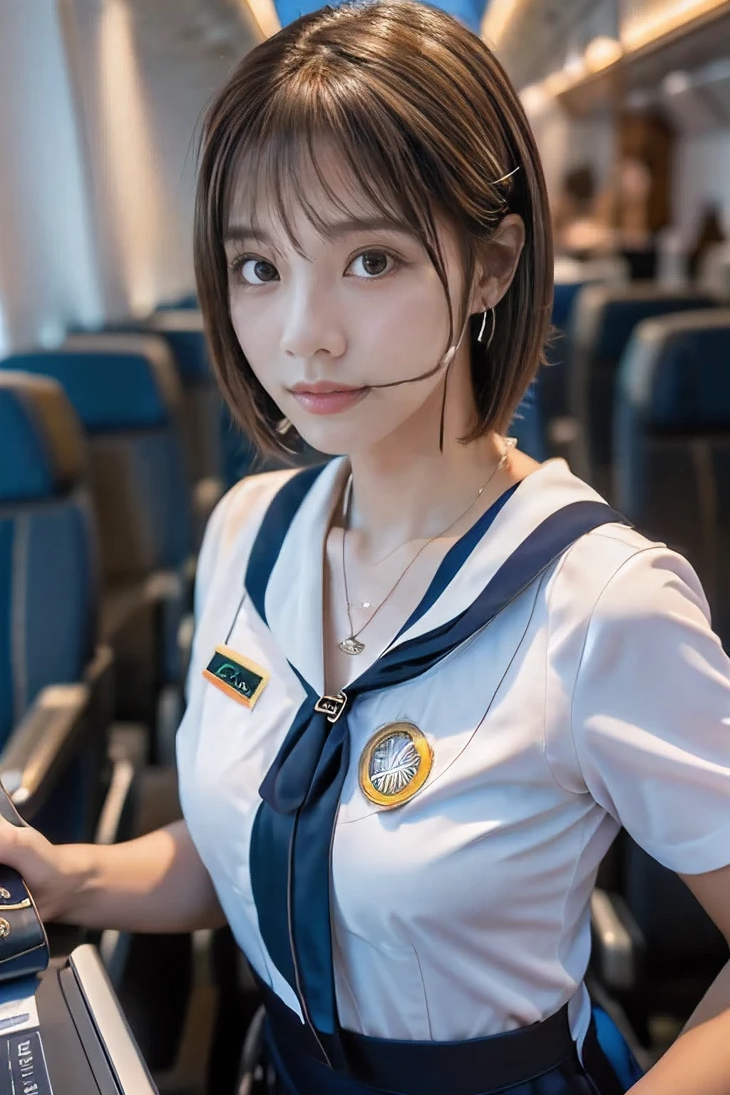 (An 18-year-old woman working as a customer service representative on an airplane:1.5)、(Stern profile:1.2)、(The best quality at its best:1.4), (Super detailed), (Very detailed CG unified 16k), Beautiful woman with perfect figure: 1.4, Sharp focus: 1.2, Very detailed, High-quality RAW color photos, Professional photography, A beautiful smile and kind eyes, cosmetics, (Amazingly beautiful girl), ((Cabin attendant costume:1.5)), Sexy posture，(View from below), Realistic movie faces, Full body long view from head to toe, Realistic, ((Realistic natural orange red hairstyle, Realistic blue eyes)), ( Short Bob Hair:1.5), (necklace:1.5)、, Very beautiful face, Perfect model beauty, Mouth swelling, Highly detailed face and skin texture, Fine grain, double eyelid, Medium chest, (masterpiece), highest quality, High resolution, Very detailed, Blurred Background, Depth of written boundary, Cinema Lighting, Great legs, , Clear, well-maintained skin,