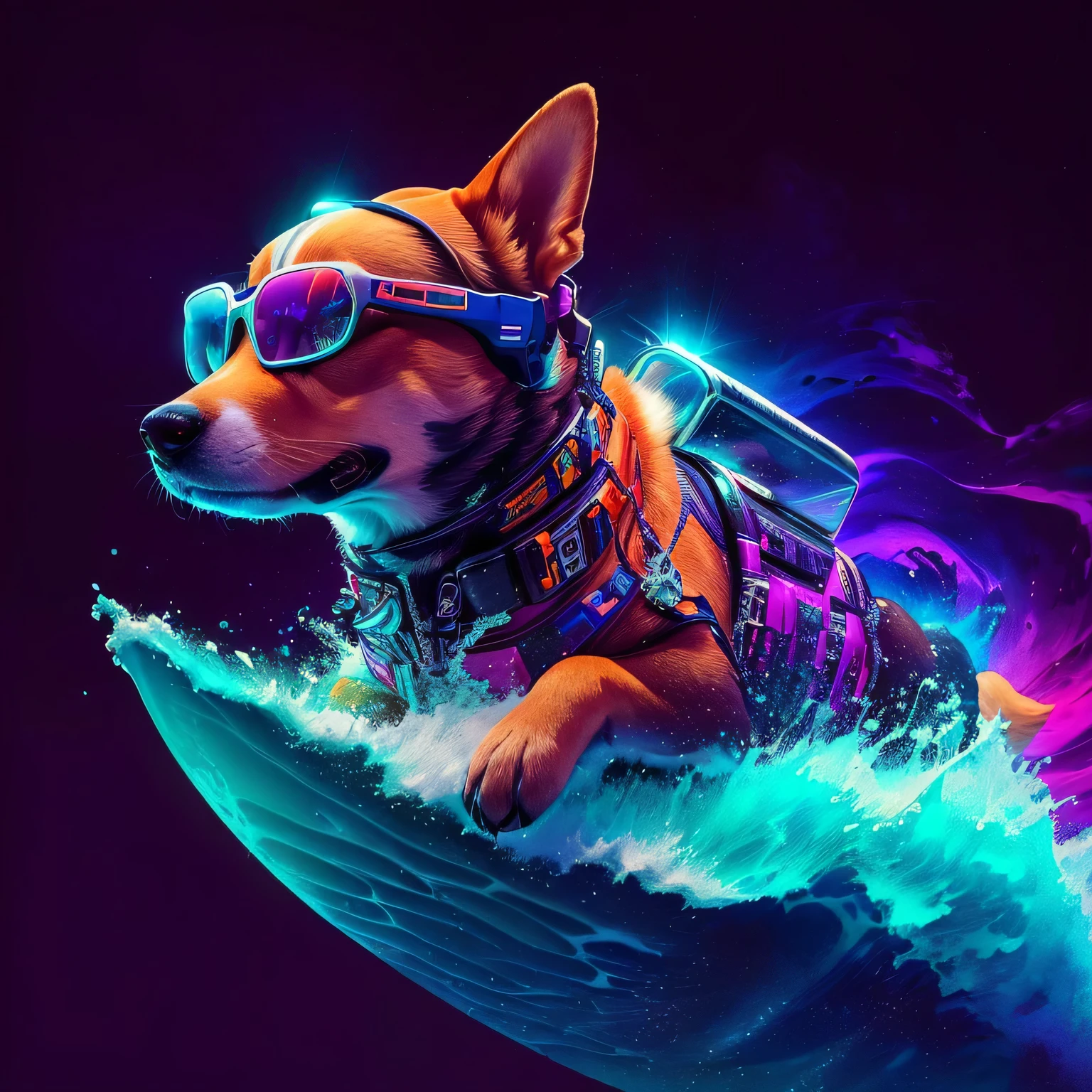 sharp dog wearing glasses riding surfboard in the ocean, Cosmonauta Corgi, cores ultravioleta e neon, foto de animal de arte digital, dog in a space suite, style hybrid mix of Besouro, onda de vapor, arte digital surrealista, just a joke, cachorro ciborgue, Besouro style, amazing wallpaper, Besouro!!