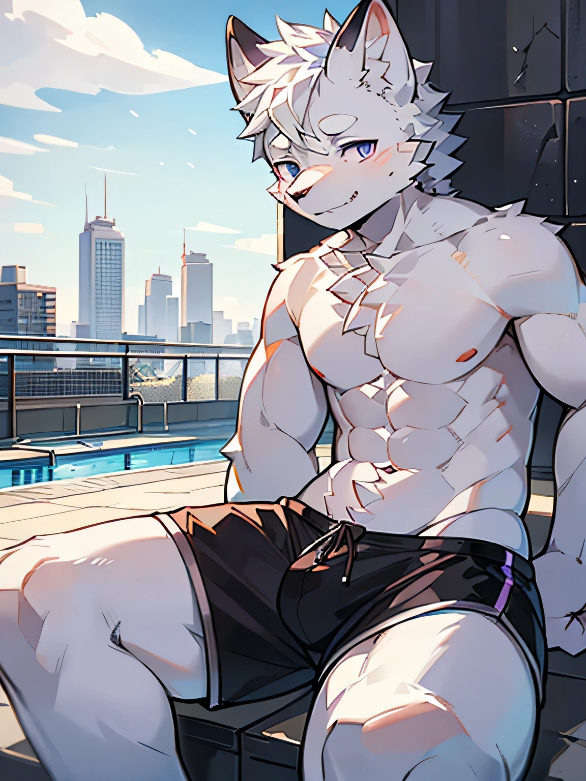 Exquisite lines,best quality,White Wolf Orcs,male,Wearing black shorts,Black shorts,Purple pupils,Background City,daytime,Sitting in the swimming pool,Looking at the sky