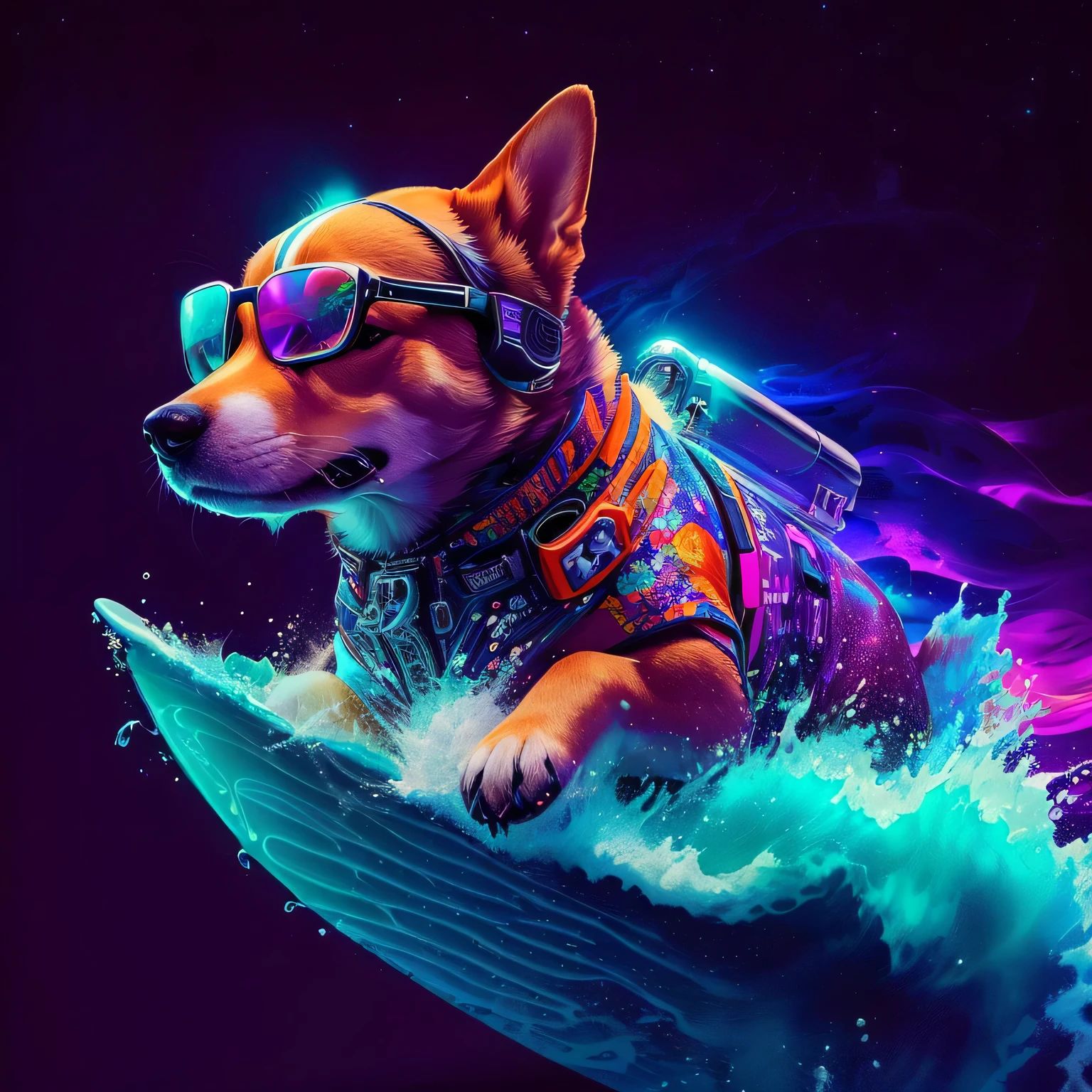 sharp dog wearing glasses riding surfboard in the ocean, Cosmonauta Corgi, cores ultravioleta e neon, foto de animal de arte digital, dog in a space suite, style hybrid mix of Besouro, onda de vapor, arte digital surrealista, just a joke, cachorro ciborgue, Besouro style, amazing wallpaper, Besouro!!