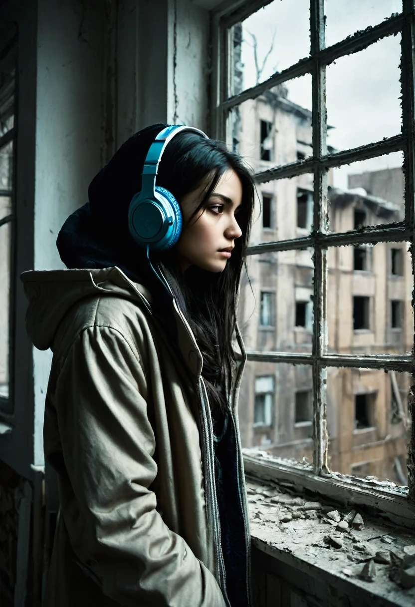 image of a sad beautiful girl dressed in coat and hood standing with arms crossed looking at a window inside a dark, dilapidated apartment room and a window showing dilapidated buildings outside, apocalipse, wasteland, She wears headphones over her ears and is facing the window, make the girl&#39;s face colorful, maximum quality, imagem detalhada, 8k