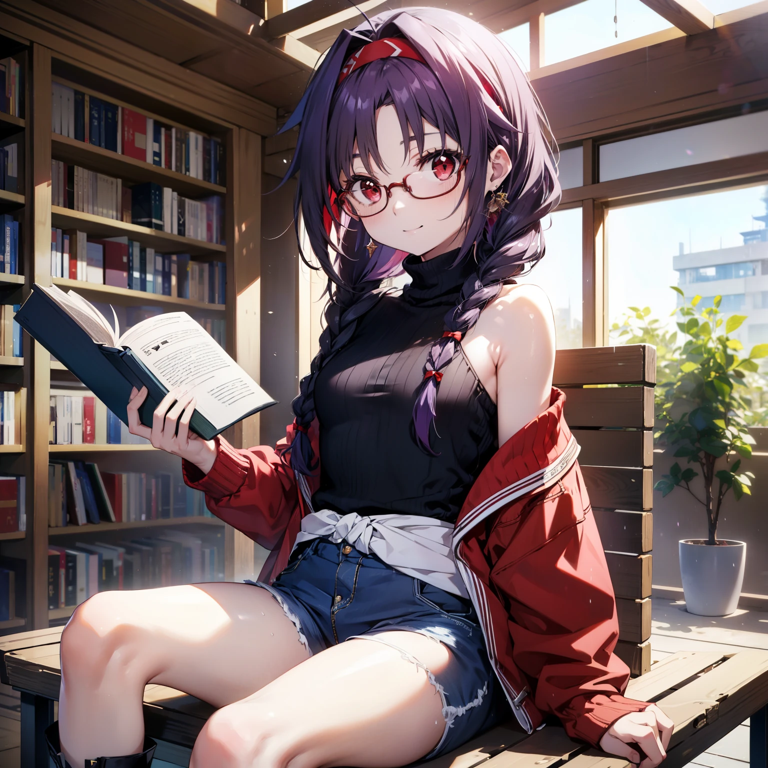 yuukikonno, Konno Yuuki, hair band, Long Hair, Pointed Ears, Purple Hair, (Red eyes:1.5), (Small breasts:1.2), Close your mouth,smile、,Long braids,Black-rimmed glasses,Oversized one-shoulder sweater,Shorts,short boots,sitting in a chair reading a book,
break looking at viewer, whole body,(Cowboy Shot:1. 5)
break indoors, figure書館,
break (masterpiece:1.2), highest quality, High resolution, unity 8k wallpaper, (figure:0.8), (Beautiful fine details:1.6), Highly detailed face, Perfect lighting, Highly detailed CG, (Perfect hands, Perfect Anatomy),