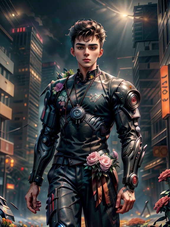 Absurd masterpiece HDR high quality image of a portrait of ((a young and manly, sexy and strong student boy, 20 years old, holding bouquet of flowers, handsome)), ((Tim Burton Cyberpunk theme style)) in the background of burning city