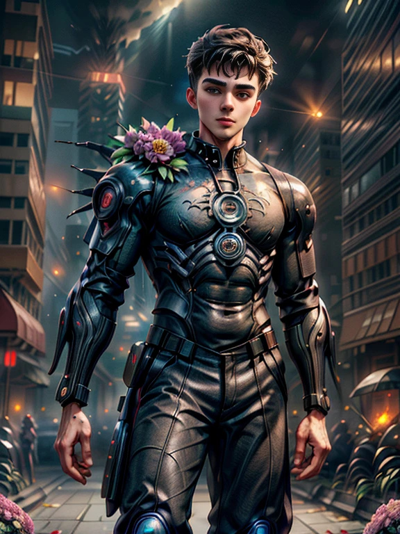 Absurd masterpiece HDR high quality image of a portrait of ((a young and manly, sexy and strong student boy, 20 years old, holding bouquet of flowers, handsome)), ((Tim Burton Cyberpunk theme style)) in the background of burning city