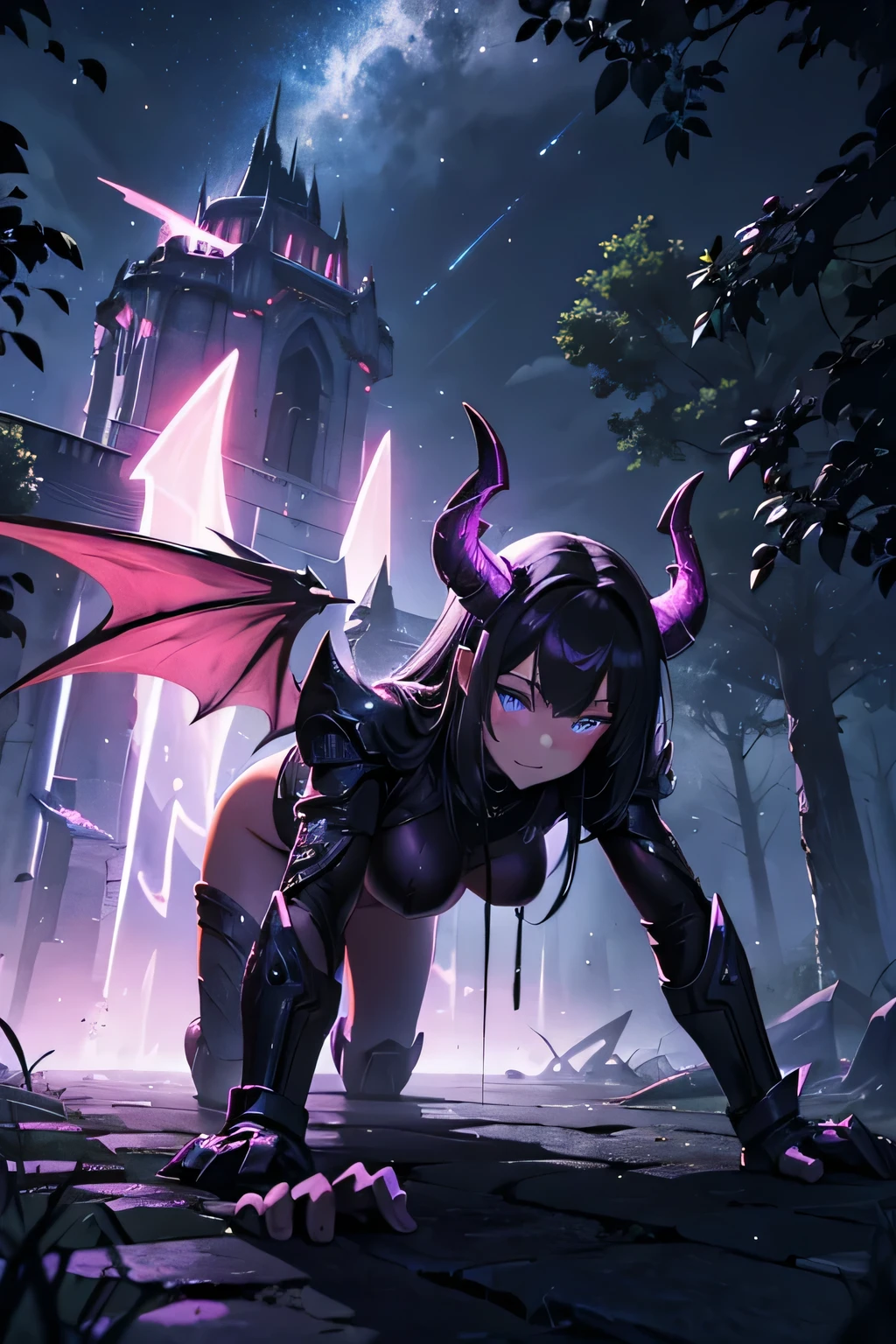 ((high resolution)), ((8k)), a beautiful girl, back, full body, on all fours, protruding pussy, warrior, helmet with two horns, sexy, cute face, beautiful face, naked, with dragon wings, black wings with pink, in a castle, with lava, scattered smoke, hanging cages, neon trails, purple trails, flashes, at night, big trees, luminous.