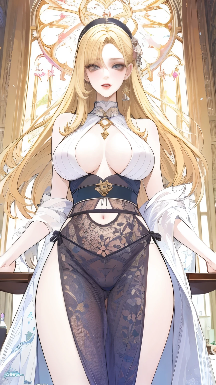 (masterpiece, best quality:1.2), 1girl, solo,mature_lady, delicate face,detail eyes,long hair, floating hair,medium breasts, see-through clothes, Clothes with complicated patterns, nipple, pussy,,chiffon skirt, lace skirt,in a church,cathedral