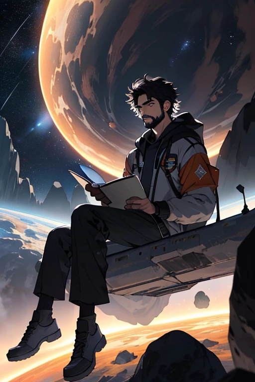 Desenhe um jovem programador, sitting on a research platform floating in the middle of an asteroid belt. He is studying with a notebook, surrounded by several asteroids glowing with fiery auras. Dramatic lighting from distant stars and planets illuminates the scene, casting deep shadows on the costume. O jovem parece confiante e determinado, looking at the vast and mysterious universe with awe and respect,facial hair, tiro de vaqueiro,