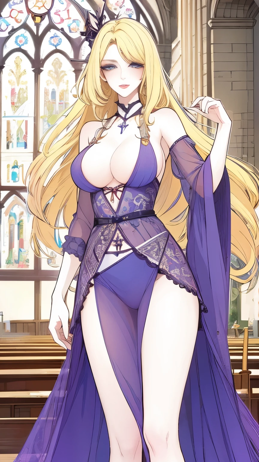 (masterpiece, best quality:1.2), 1girl, solo,mature_lady, delicate face,detail eyes,long hair, floating hair,medium breasts, see-through clothes, Clothes with complicated patterns, nipple, pussy,,chiffon skirt, lace skirt,in a church,cathedral