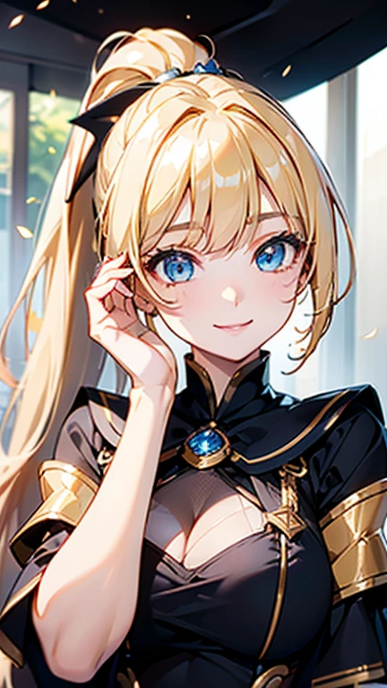 High quality, Best quality , masterpiece, Portrait、、Bright expression、ponytail、Young, shiny, white, glossy skin、Gloss Face、Shining Cheek Gloss、Small Face Beauty、The best beauty、The dazzling light of blonde hair、Bright blonde hair with dazzling highlights、Very beautiful shiny light blonde hair、super long silky straight hair、Her shiny, beautiful bangs are covering her eyes.、Sparkling, clear, attractive, bright, large, pale blue eyes、Very big eyes、eyeliner、very beautiful lovely cute girl、young girl, Ample Bust, upper body , (smile:1.2) , (((witch , ponytail )))),in castle ,huge breast , smile , each arms up