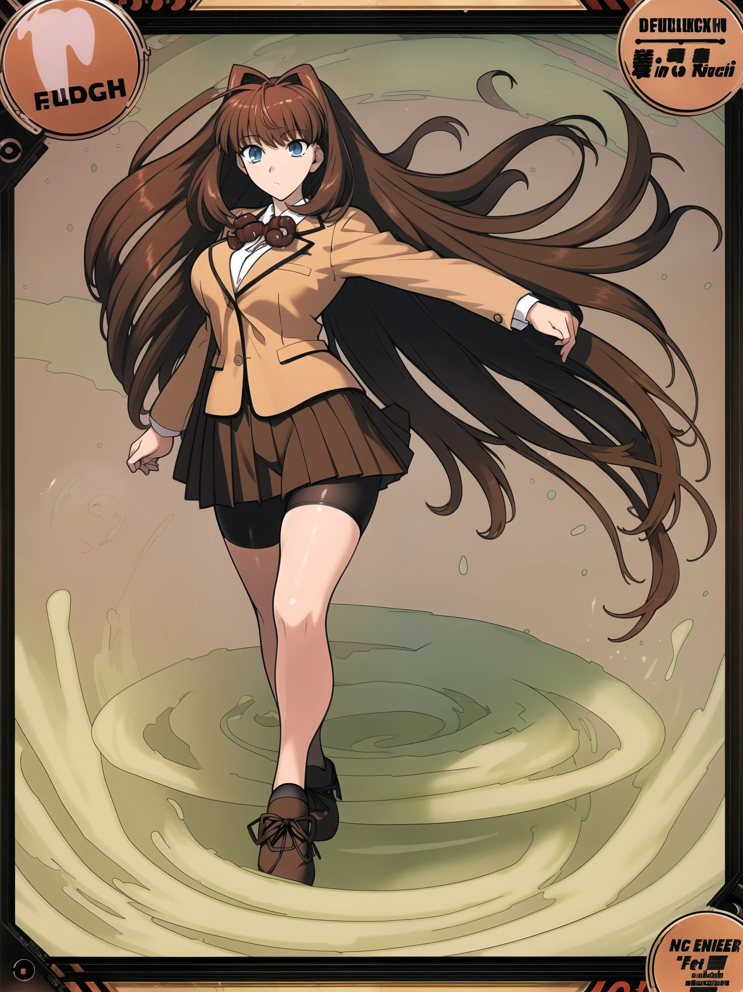 BREAK, (EMPTY BACKGROUND), BREAK (masterpiece:1.2), best quality, high resolution, 8k, illustration, (beautiful detailed eyes:1.6), extremely detailed face, extremely detailed body, CG, perfect hands, perfect anatomy, (((1girl))), ((solo)), ((((bbaoko))), (((2 legs max))), (((2 feet max:1.6))), ((swirling vortex shaped longest brown hair:1.5)), (brown longest hair with slightly reddish undertone:1.6), (lush luscious longest brown hair:1.6), (very long voluminous longest brown hair:1.5), serious, blue eyes, red bowtie, (Form-fitting beige blazer:1.5), brown jacket, (highly detailed beautiful face:1.2), (white shirt:1), (well shaped large breasts:1.6), (nice hips:1), (((Umber pleated thigh-high skirt:1.6))), (((black bike shorts:1.4))), (2 nice thighs:1.6), (high black socks:1.6), (strap shoes brown color), (facing front:1.5), ((standing straight:1.5)), ((Fullbody in frame:1.6)), ((Full body:1.5)), (takeuchi takashi:1.5)
