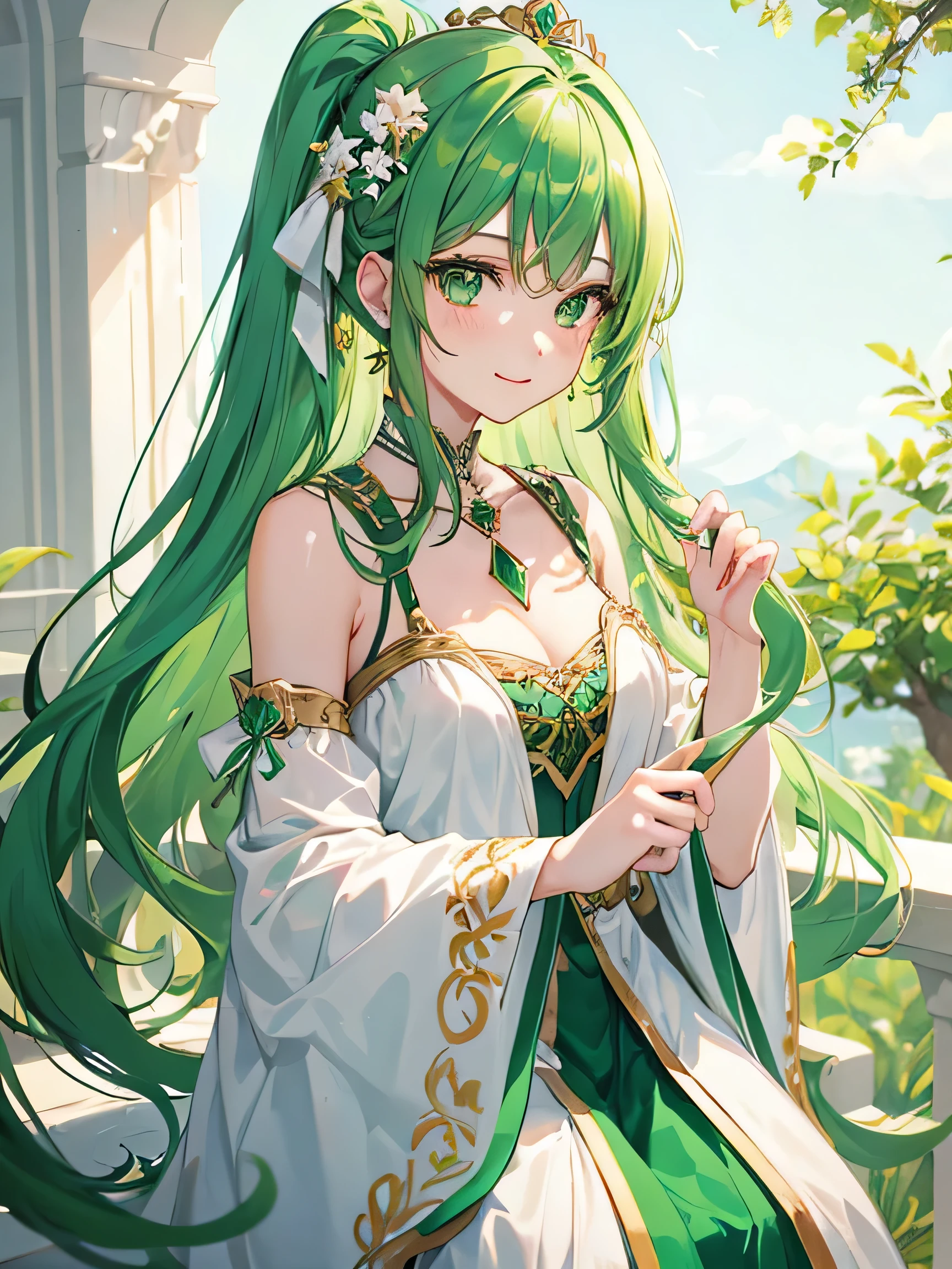 teenage girl, emerald green eyes, emerald green hair, princess attire, serene atmosphere, gentle smile