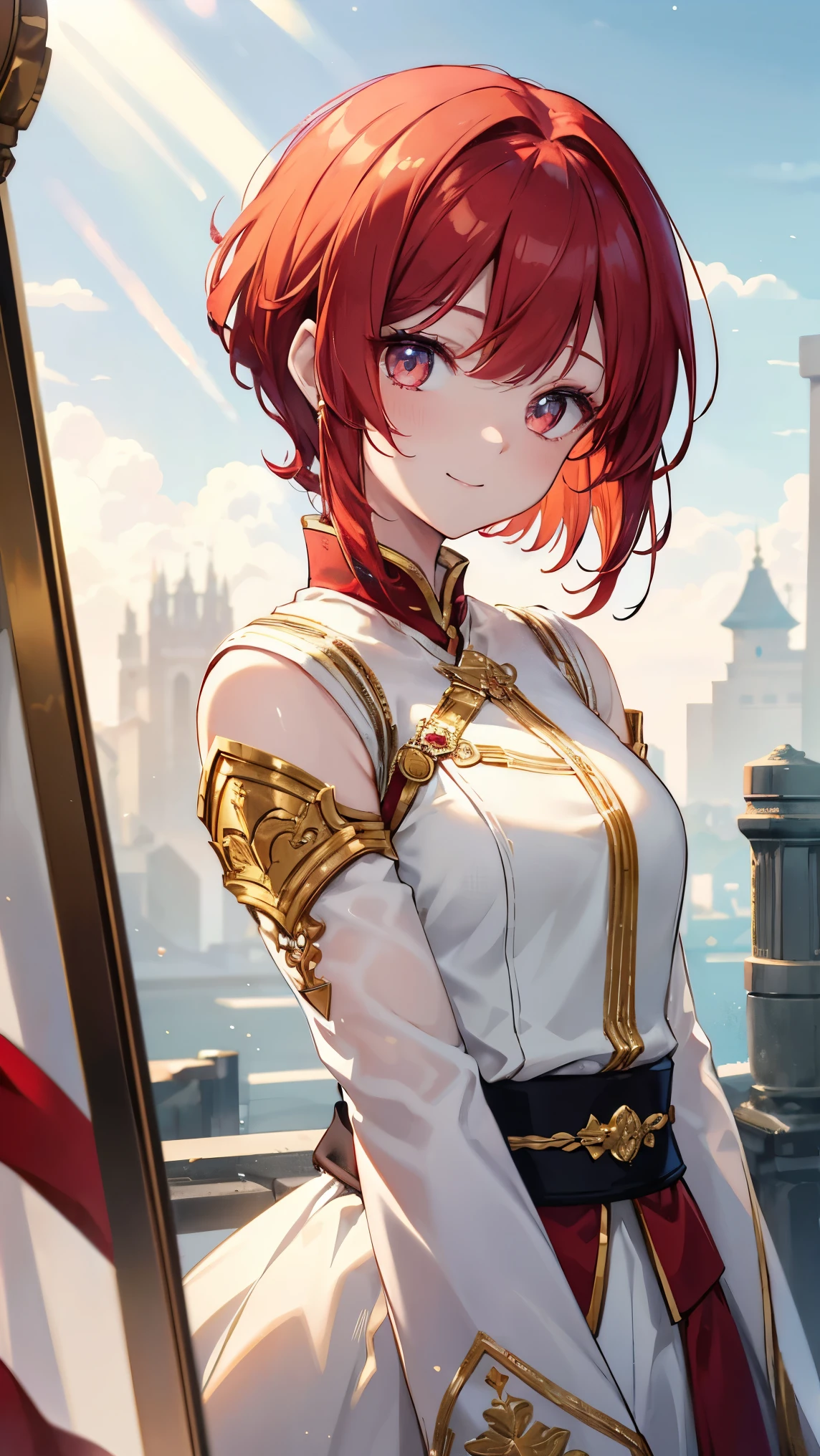 Short Hair、Red Hair、ponytail,Detailed sparkly eyes、Golden Eyes、Dragon Horn,smile,、shine、reflected light、Film Grain、masterpiece、Textured Skin、Super Detail、High Detail、high quality、最high quality、High Resolution、16k、shine、armor、Ao Dai,Fighter,battlefield,bleed,inflammation,