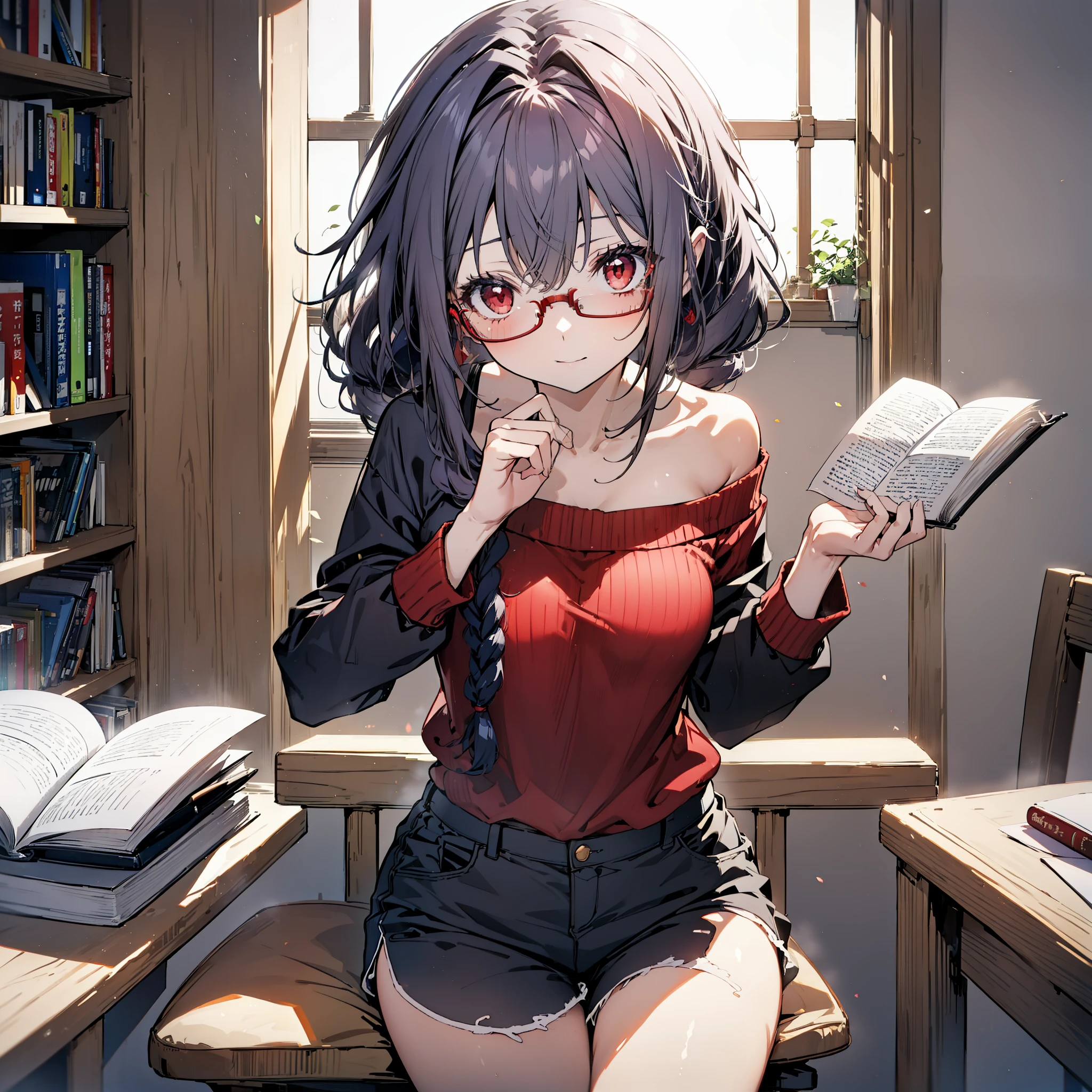 yuukikonno, Konno Yuuki, hair band, Long Hair, Pointed Ears, Purple Hair, (Red eyes:1.5), (Small breasts:1.2), Close your mouth,smile、,Long braids,Black-rimmed glasses,Oversized one-shoulder sweater,Shorts,short boots,sitting in a chair reading a book,
break looking at viewer, whole body,(Cowboy Shot:1. 5)
break indoors, figure書館,
break (masterpiece:1.2), highest quality, High resolution, unity 8k wallpaper, (figure:0.8), (Beautiful fine details:1.6), Highly detailed face, Perfect lighting, Highly detailed CG, (Perfect hands, Perfect Anatomy),