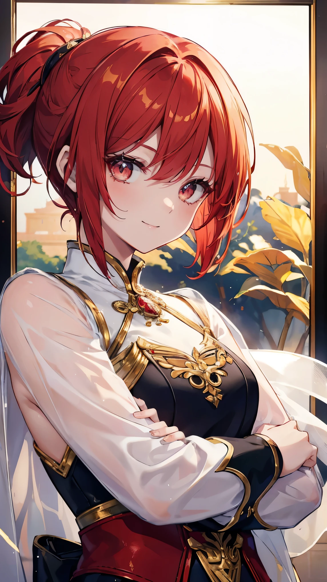 Short Hair、Red Hair、ponytail,Detailed sparkly eyes、Golden Eyes、Dragon Horn,smile,、shine、reflected light、Film Grain、masterpiece、Textured Skin、Super Detail、High Detail、high quality、最high quality、High Resolution、16k、shine、armor、Ao Dai,Fighter,battlefield,bleed,inflammation,