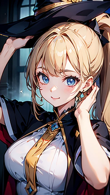 High quality, Best quality , masterpiece, Portrait、、Bright expression、ponytail、Young, shiny, white, glossy skin、Gloss Face、Shining Cheek Gloss、Small Face Beauty、The best beauty、The dazzling light of blonde hair、Bright blonde hair with dazzling highlights、Very beautiful shiny light blonde hair、super long silky straight hair、Her shiny, beautiful bangs are covering her eyes.、Sparkling, clear, attractive, bright, large, pale blue eyes、Very big eyes、eyeliner、very beautiful lovely cute  girl、young girl, Ample Bust, upper body , (smile:1.2) , (((witch , ponytail )))),in castle ,huge breast , smile , each arms up