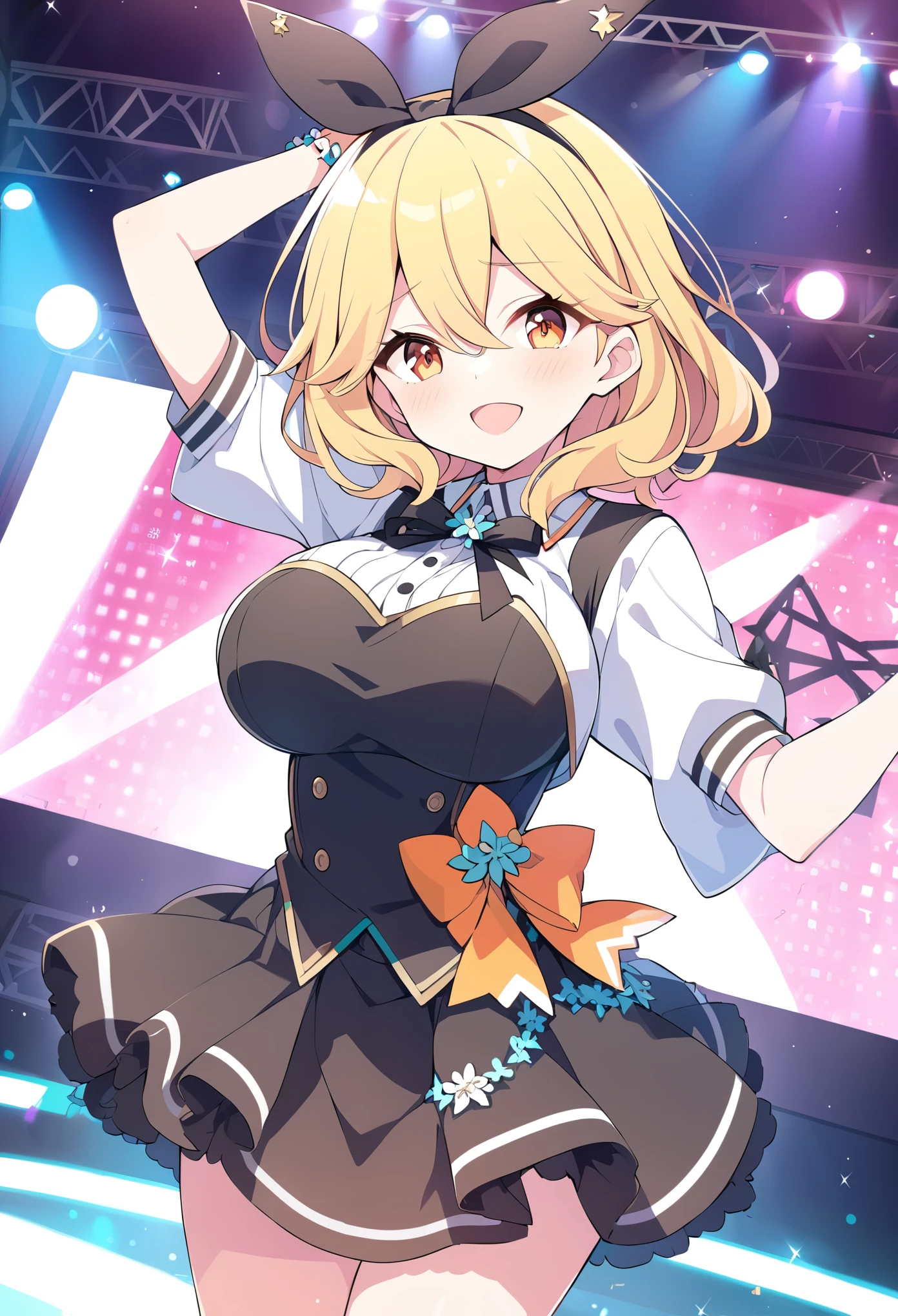 UKIHASHIASUKA, BLONDE HAIR, HAIR RIBBON, BLACK RIBBON, BLACK HAIRBAND, HAIR BETWEEN EYES, MEDIUM HAIR, ORANGE EYES,, large breasts,, Live Stage, solo