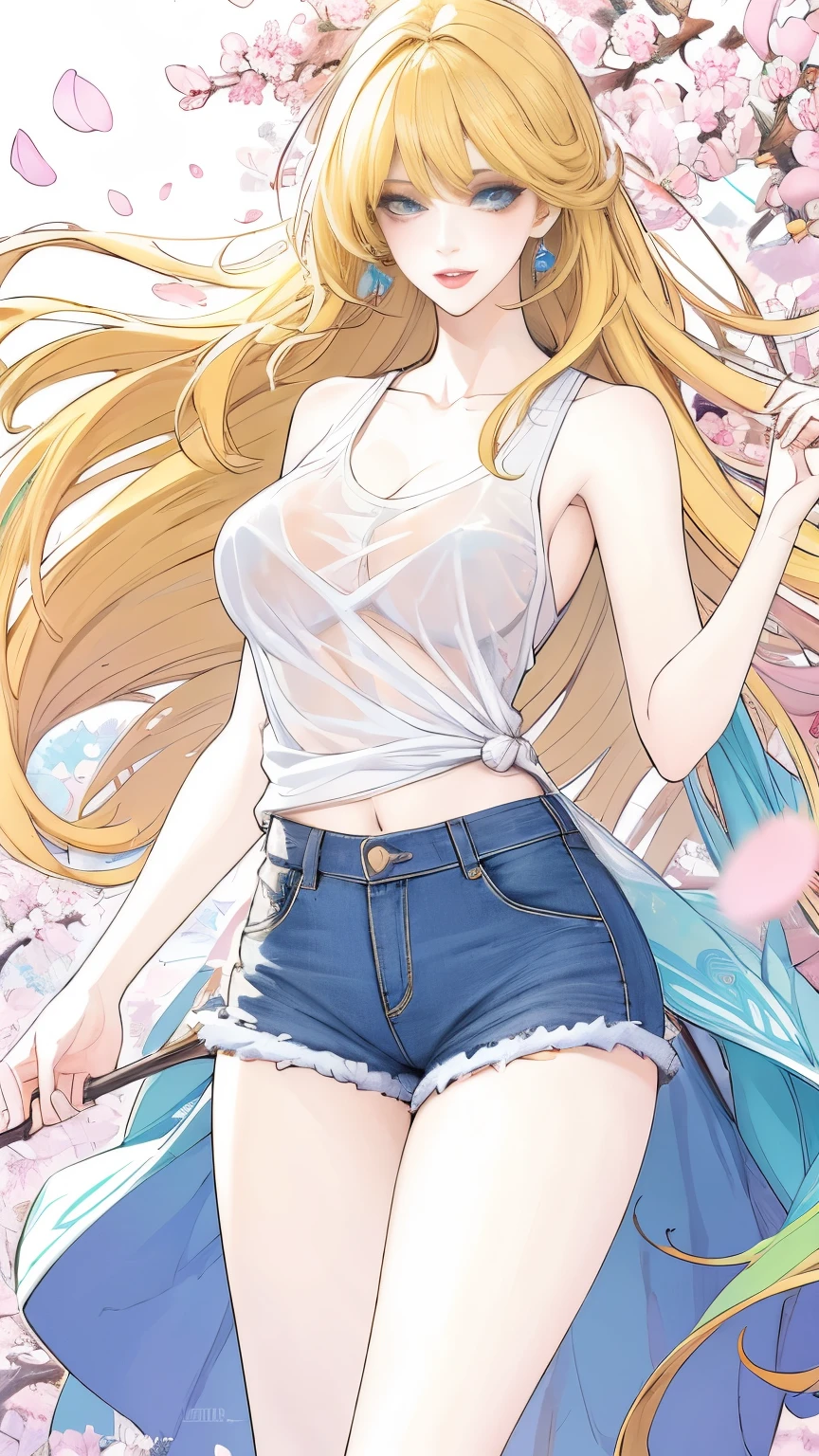 (masterpiece, best quality:1.2), 1girl, solo,mature_lady, delicate face,detail eyes,long hair, floating hair,medium breasts, see-through clothes, Clothes with complicated patterns, nipple, pussy,,White sleeveless tank top，blue denim shorts,surrounding by flowers,falling_petals, outdoors, petals,