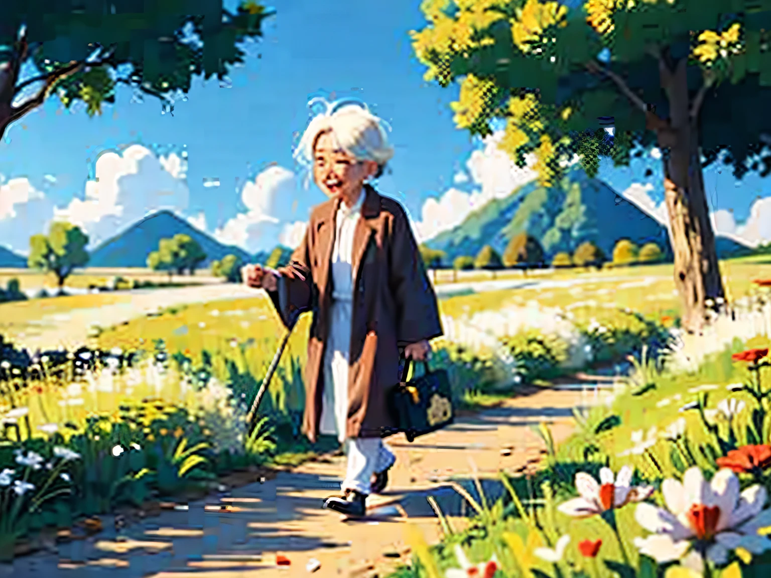 a white-haired、Wrinkled mother-in-law,Walking alone in the fields,Counting money happily