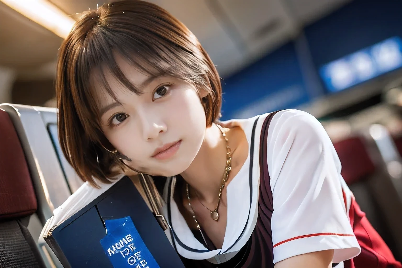 (An 18-year-old woman working as a customer service staff on a crowded airplane:1.5)、(Stern profile:1.2)、(The best quality at its best:1.4), (Super detailed), (Very detailed CG unified 16k), Beautiful woman with perfect figure: 1.4, Sharp focus: 1.2, Very detailed, High-quality RAW color photos, Professional photography, Great face and eyes, cosmetics, (Amazingly beautiful girl), ((Cabin attendant costume:1.5)), Sexy posture,(View from below), Realistic movie faces, Full body long view from head to toe, Realistic, ((Realistic natural orange red hairstyle, Realistic blue eyes)), ( Short Bob Hair:1.5), (necklace:1.5)、, Very beautiful face, Perfect model beauty, Mouth swelling, Highly detailed face and skin texture, Fine grain, double eyelid, Medium chest, (masterpiece), highest quality, High resolution, Very detailed, Blurred Background, Depth of written boundary, Cinema Lighting, Great legs, , Clear, well-maintained skin,