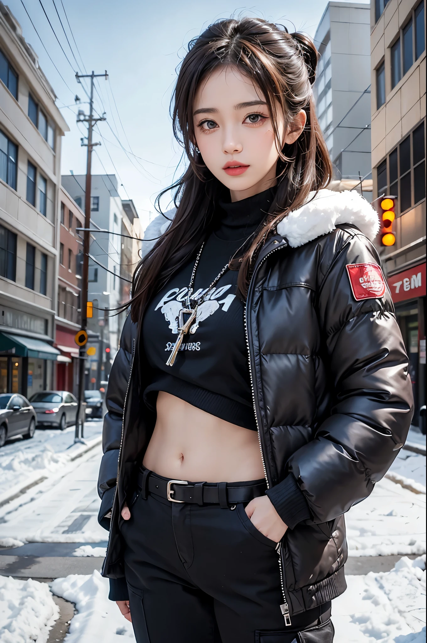 Girl on the winter street, Short down jacket with exposed belly,露Umbilical cord装,((Umbilical cord,diaphragm))，Low-rise pants, Metal belt, Seven-point lens, ((The abdomen is completely bare)), Detailed facial features, beautiful eyes, Lips, and long eyelashes, Reality, 8K, Very detailed, Work室灯光, Dramatic Lighting, Vibrant colors, Work, cold winter atmosphere