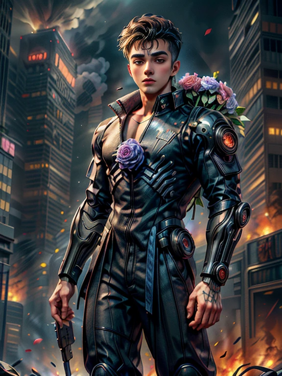 Absurd masterpiece HDR high quality image of a portrait of ((a young and manly, sexy and strong 20 years old student boy holding bouquet of flowers, handsome)), ((Tim Burton Cyberpunk theme style)) in the background city on fire(( on fire))