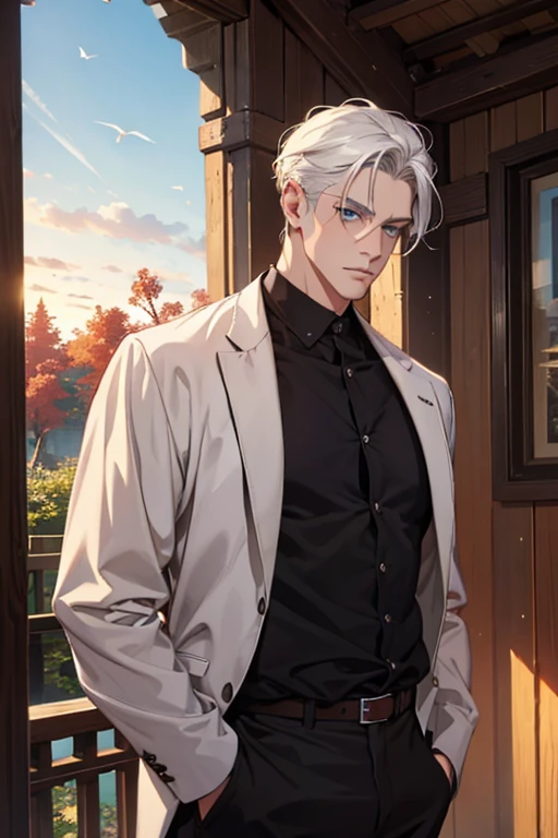 ((masterpiece:1.2, best quality)), 4k, adult, european face, 1man, male, mature, aged up, handsome, verytall, muscles, broad shoulders, dark casual clothes, white skin, middle white hair, blue eyes, portrait, sunset, old house with apple trees.