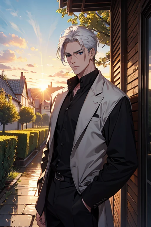 ((masterpiece:1.2, best quality)), 4k, adult, european face, 1man, male, mature, aged up, handsome, verytall, muscles, broad shoulders, dark casual clothes, white skin, middle white hair, blue eyes, portrait, sunset, old house with apple trees.
